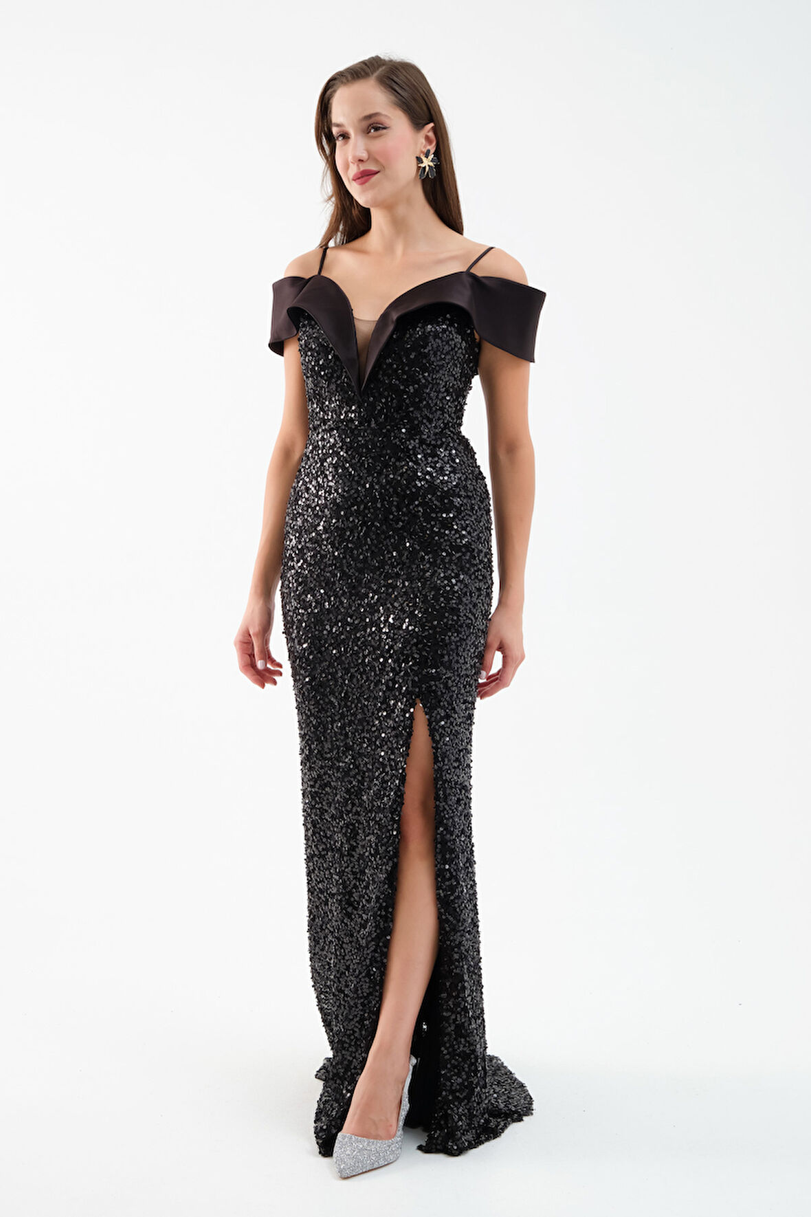 Kadın Siyah Kayık Yaka Yırtmaçlı Söz Nişan Nikah Abiye Elbise