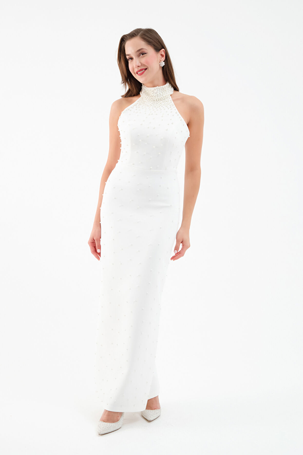 Kadın Beyaz Halter Yaka İncili Söz Nişan Nikah Abiye Elbise
