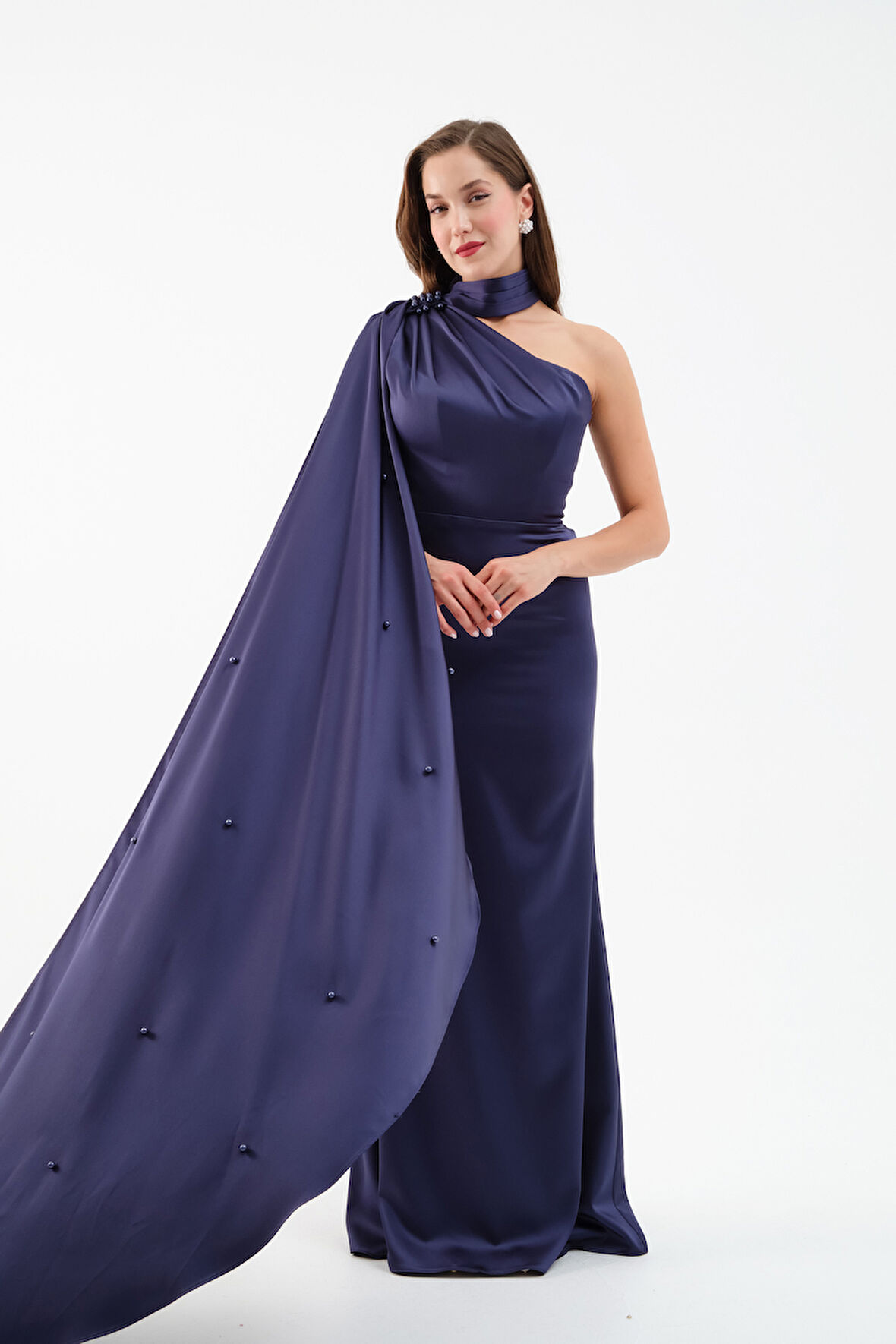 Kadın Lacivert Şal Yaka İnci Söz Nişan Nikah Abiye Elbise