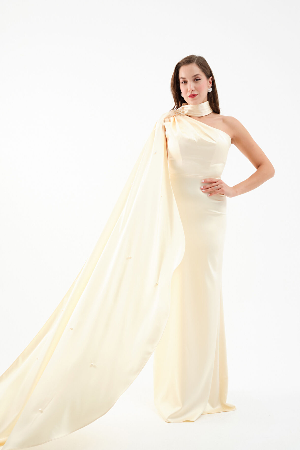 Kadın Sarı Şal Yaka İnci Söz Nişan Nikah Abiye Elbise