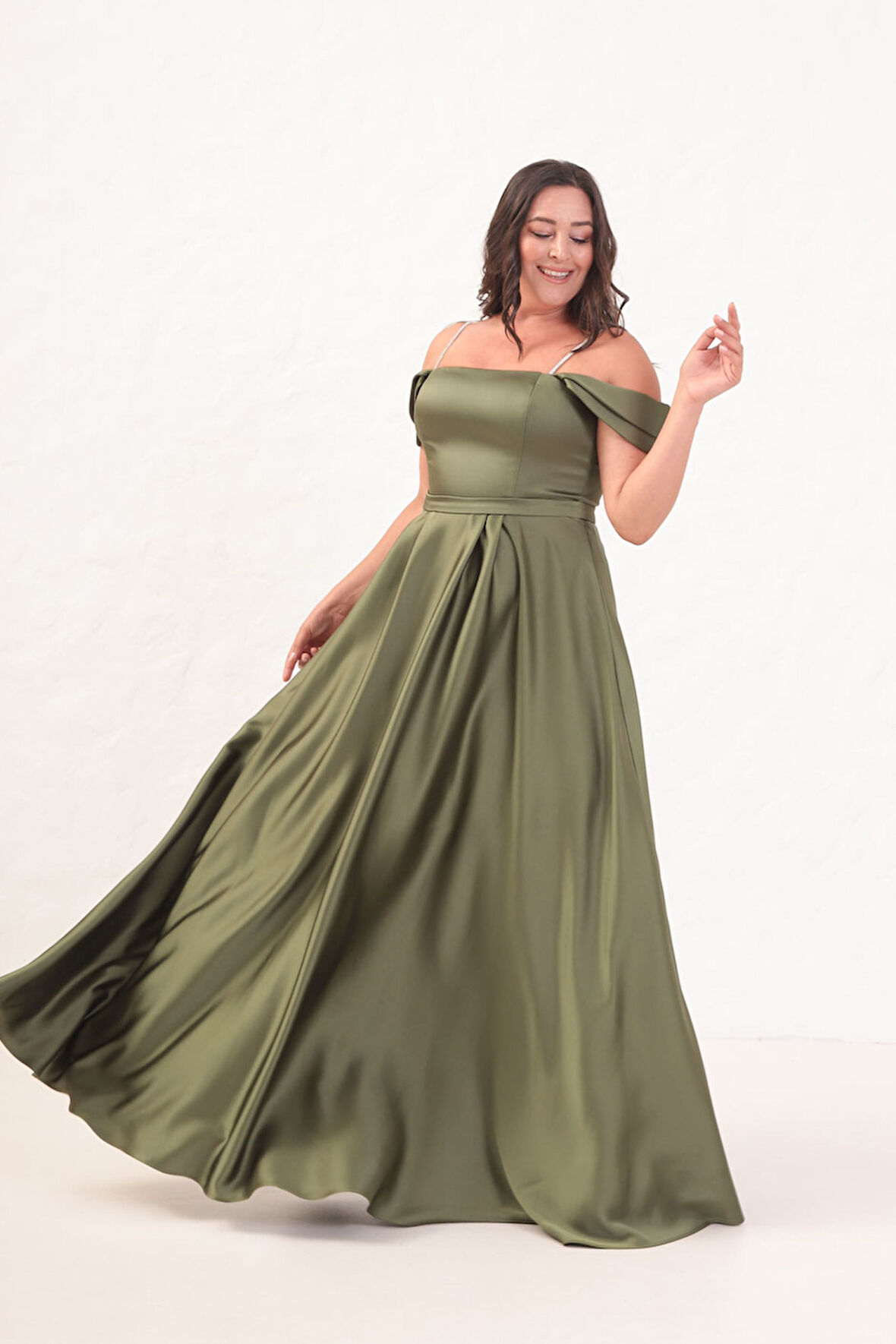 Kadın Haki Taş Askılı Büyük Beden Uzun Abiye Elbise