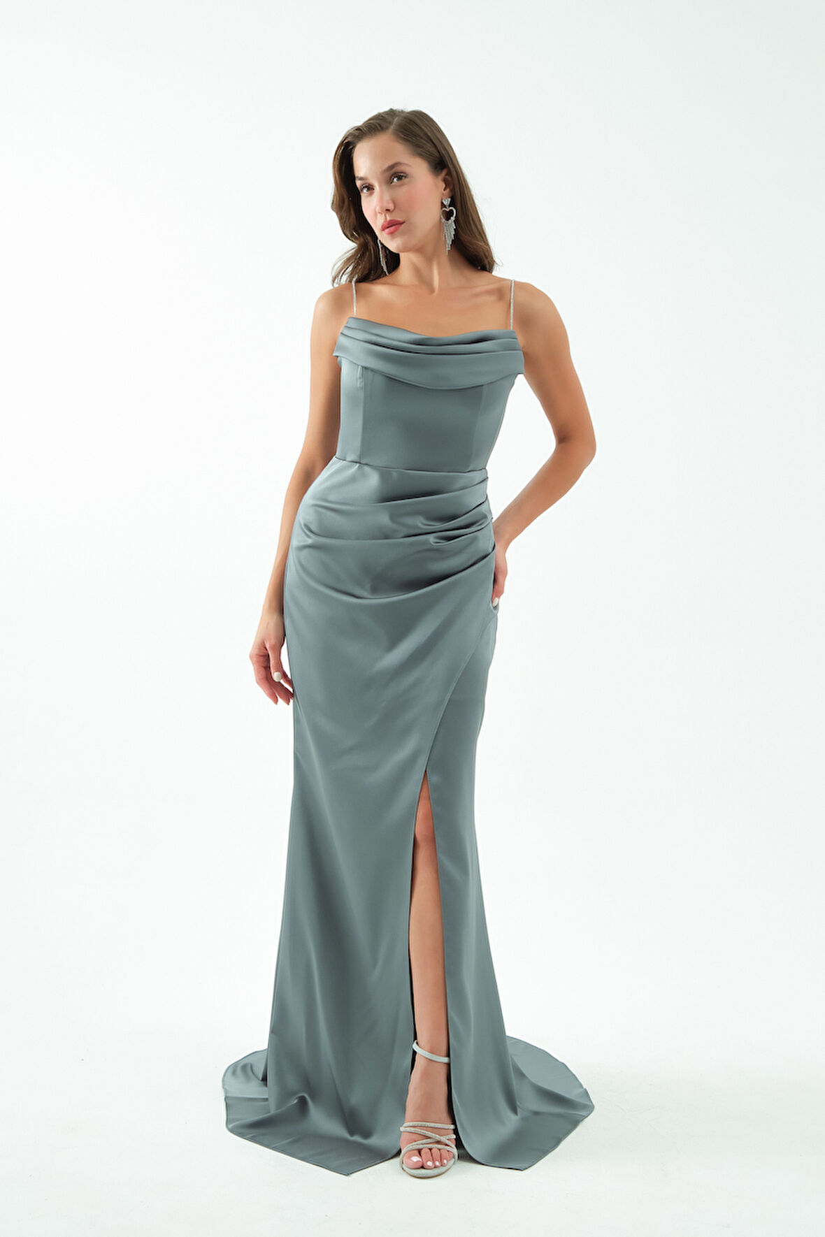 Kadın Firuze Taş Askılı Uzun Söz Nişan Abiye Elbise