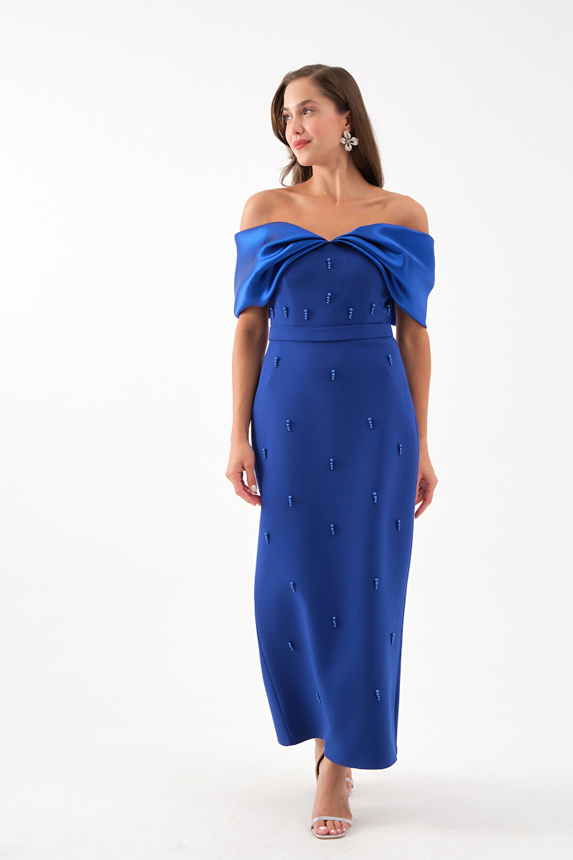 Kadın Saks Kayık Yaka İncili Söz Nişan Nikah Abiye Elbise