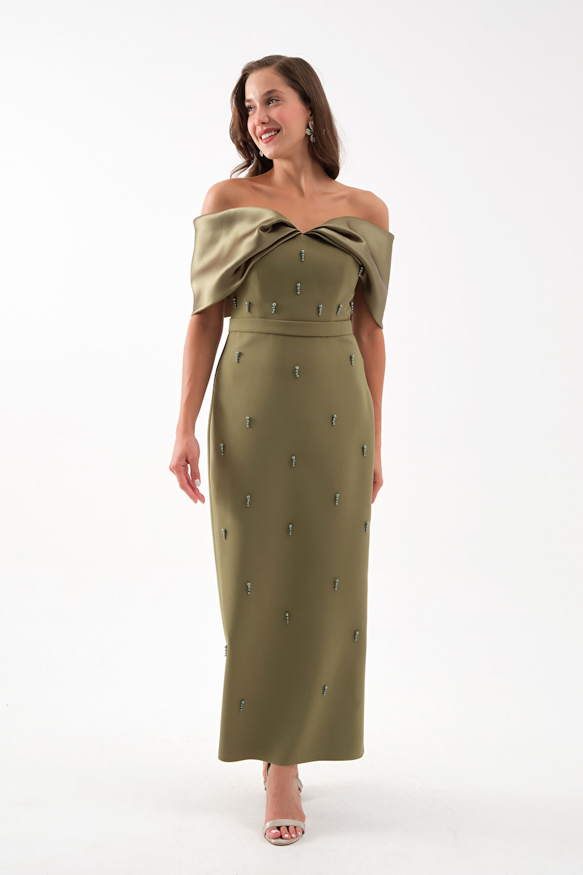 Kadın Haki Kayık Yaka İncili Söz Nişan Nikah Abiye Elbise