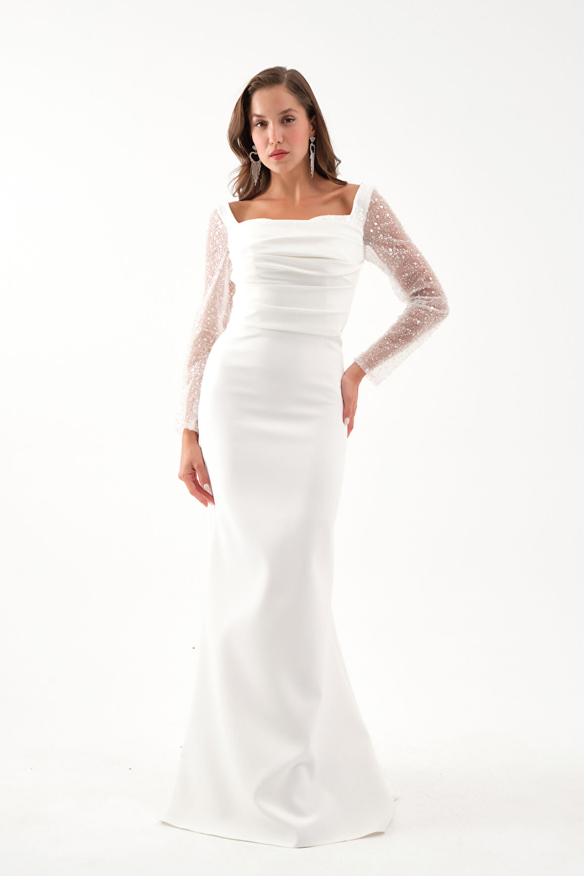 Kadın Beyaz Kol Detaylı Uzun Abiye Elbise