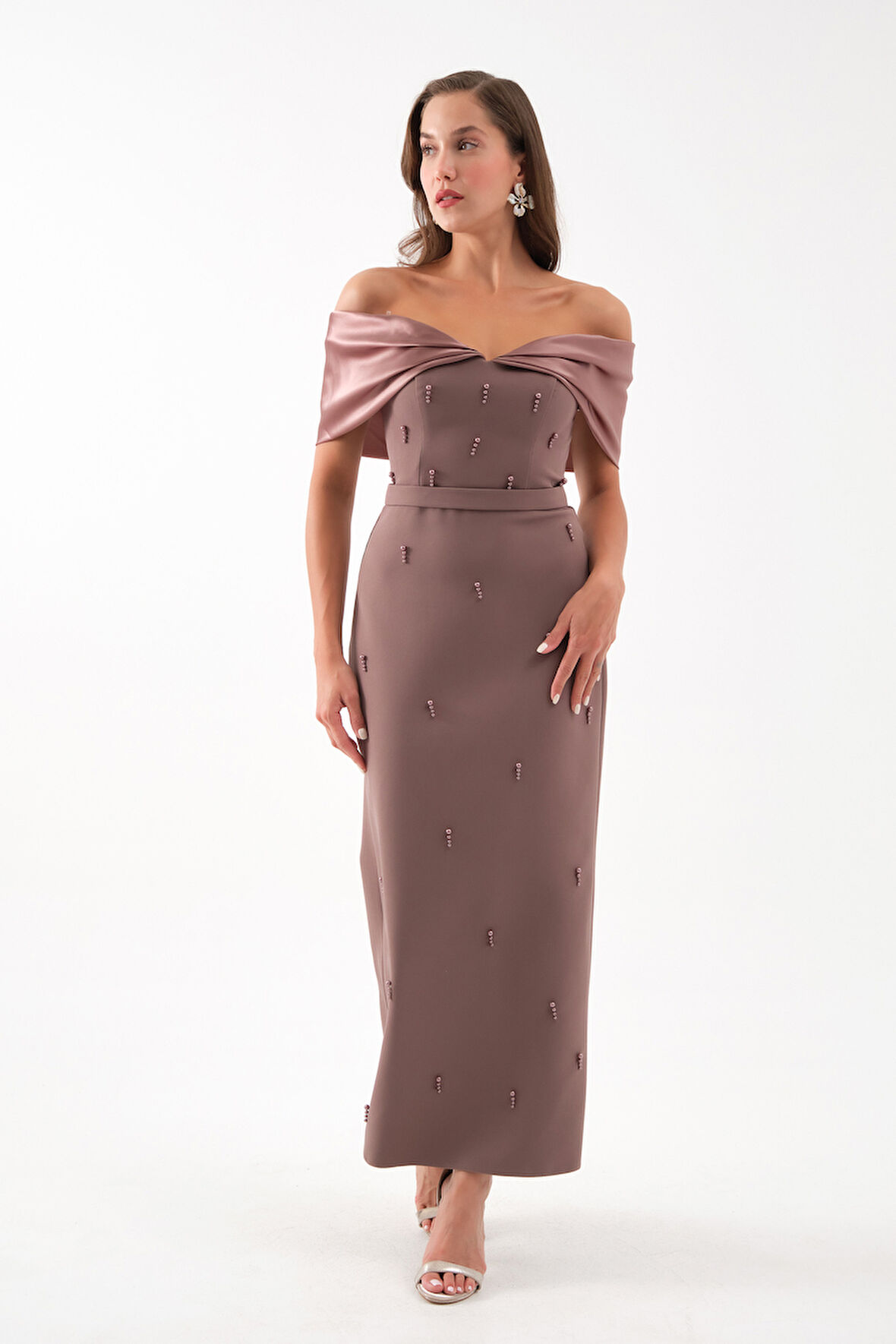 Kadın Kahverengi Kayık Yaka İncili Söz Nişan Nikah Abiye Elbise