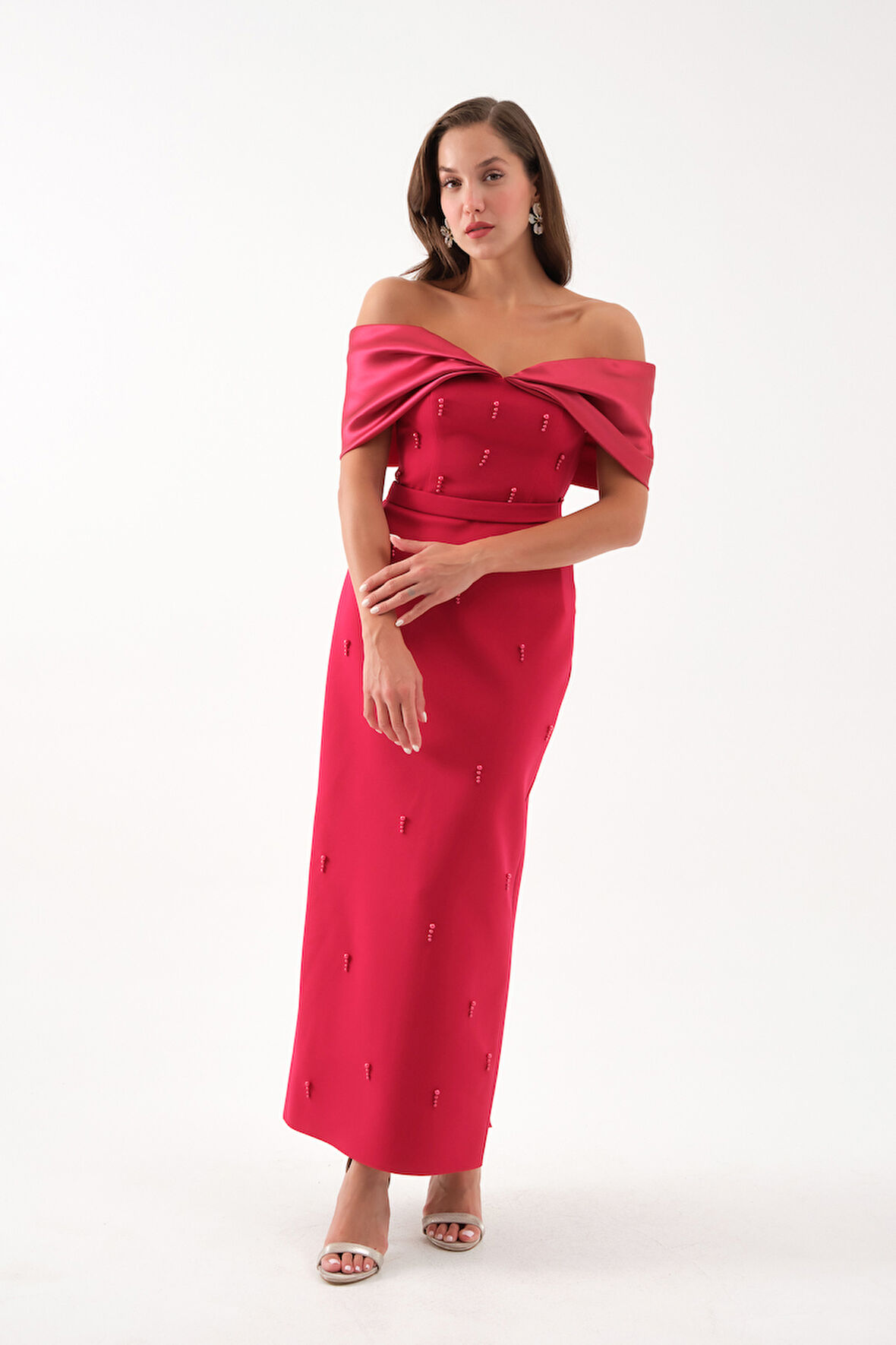 Kadın Bordo Kayık Yaka İncili Söz Nişan Nikah Abiye Elbise