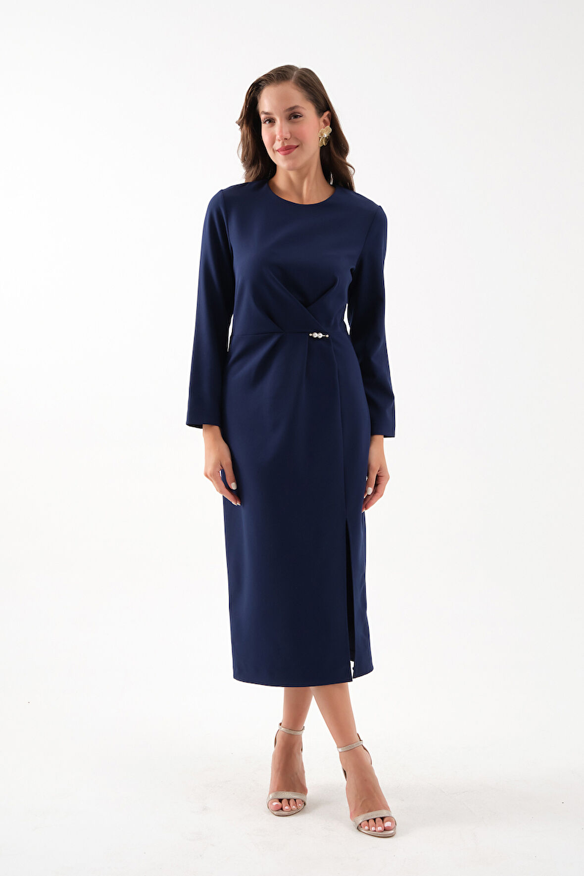 Kadın Lacivert İnci Detay Midi Davet Elbisesi