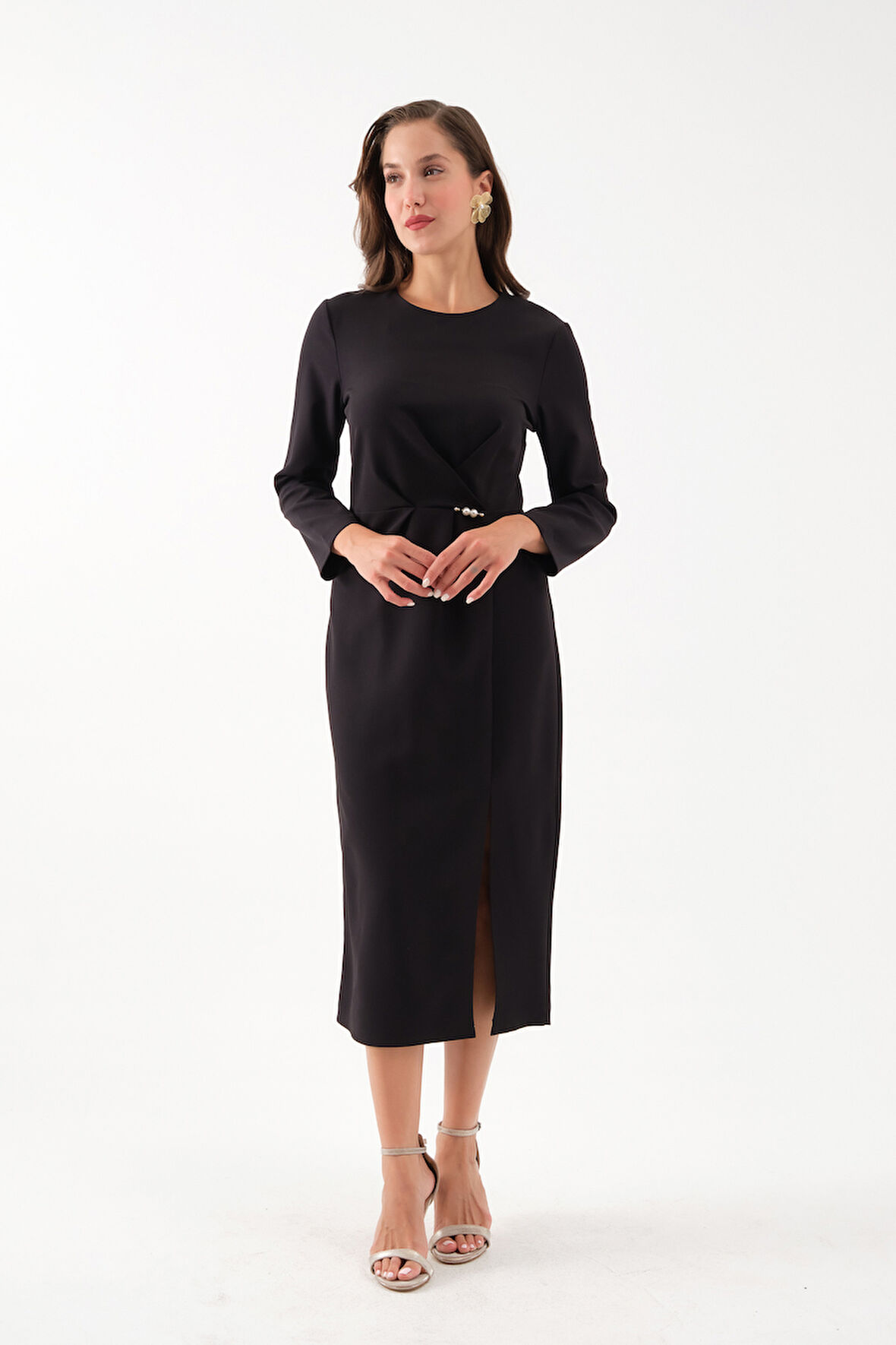 Kadın Siyah İnci Detay Midi Davet Elbisesi