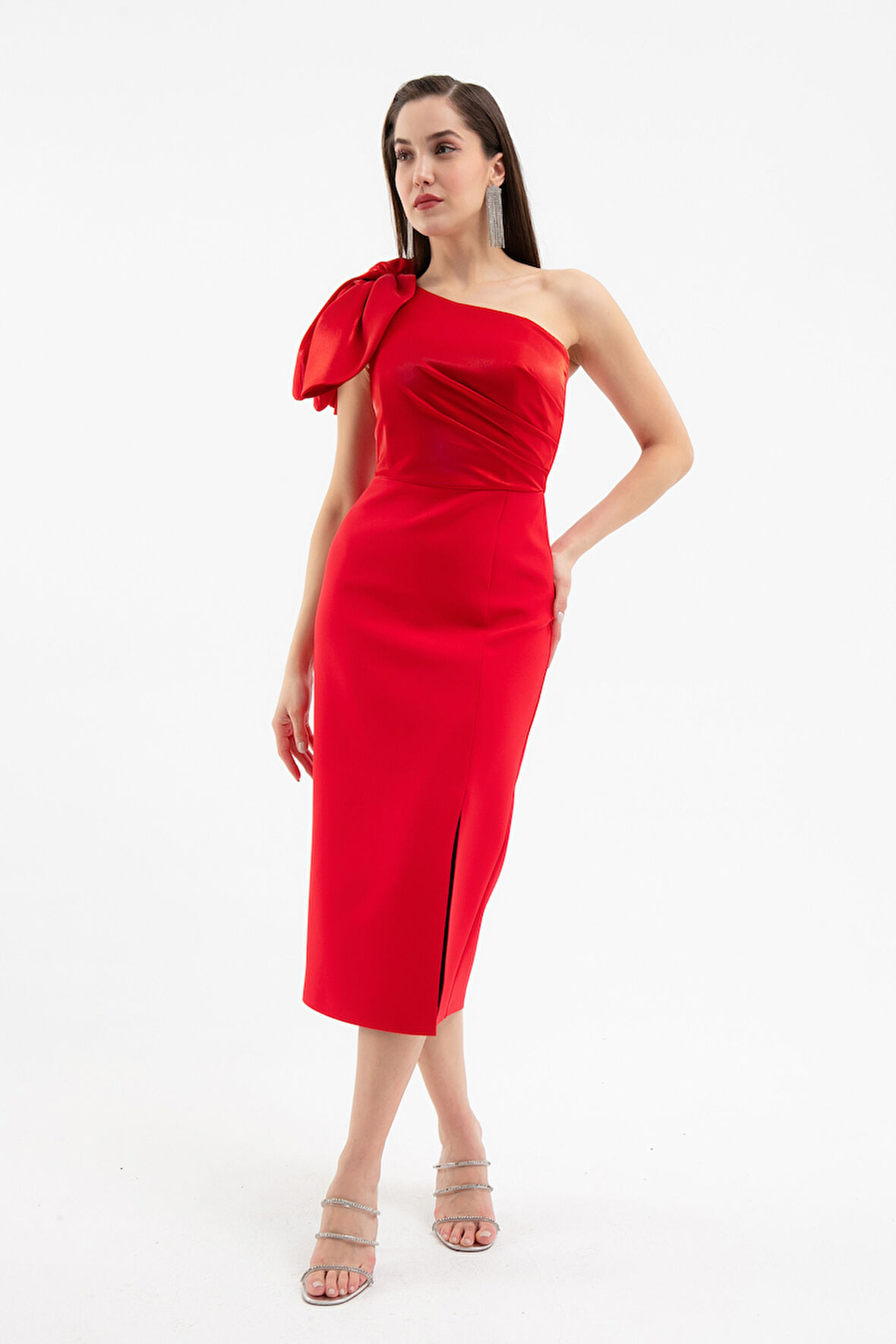 Kadın Kırmızı Organze Detay Midi Söz Nişan Nikah Abiye Elbise