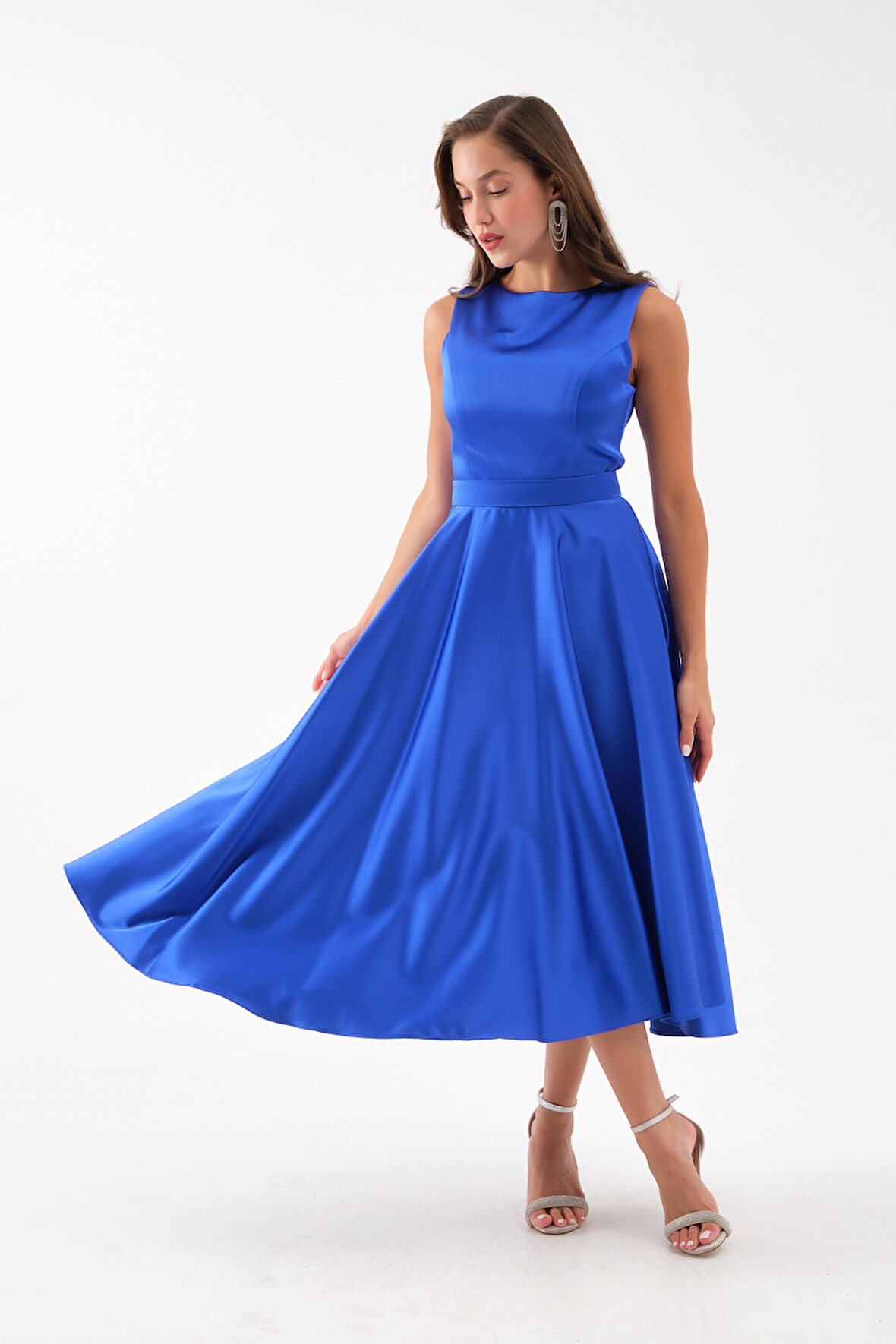 Kadın Saks Kalın Askılı Kemerli Midi Abiye Elbise