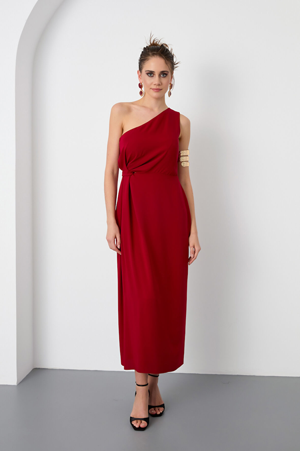 Kadın Bordo Tek Omuz Midi Elbise