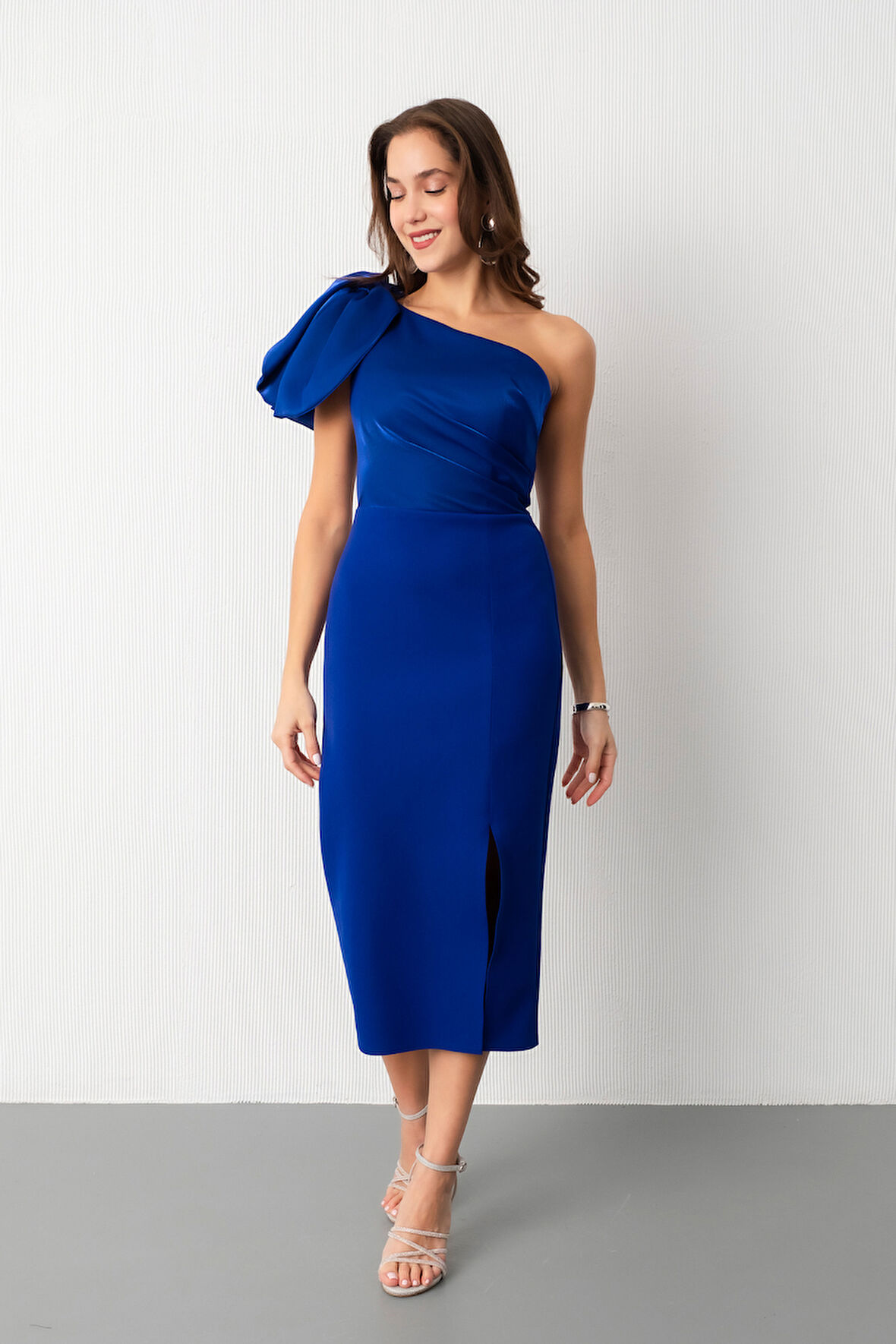 Kadın Saks Organze Detay Midi Söz Nişan Nikah Abiye Elbise