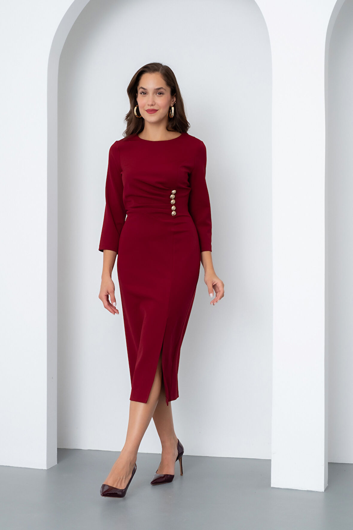 Kadın Bordo Düğme Detay Midi Davet Elbisesi