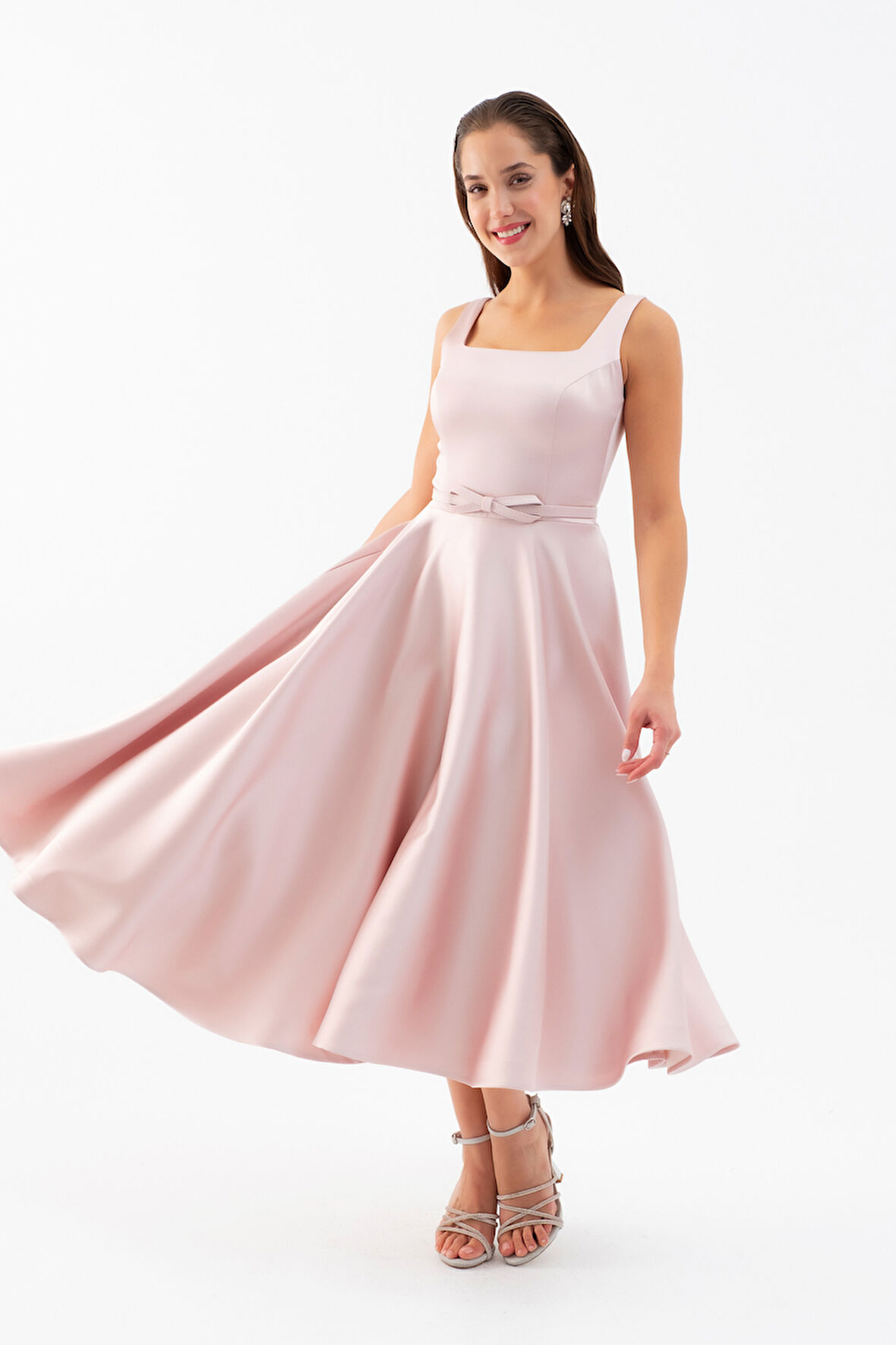 Kadın Pudra Kare Yaka Kemerli Midi Söz Nişan Elbisesi