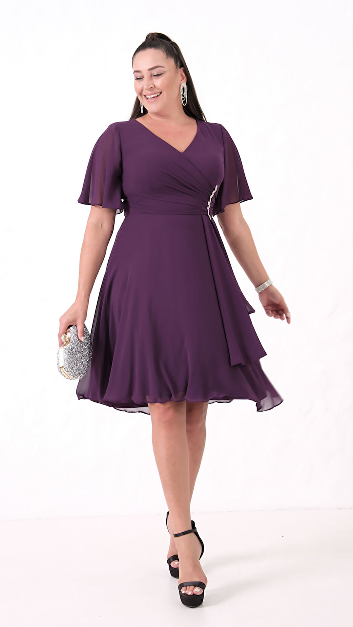 Kadın Mürdüm V Yaka Taşlı Büyük Beden Şifon Abiye Elbise