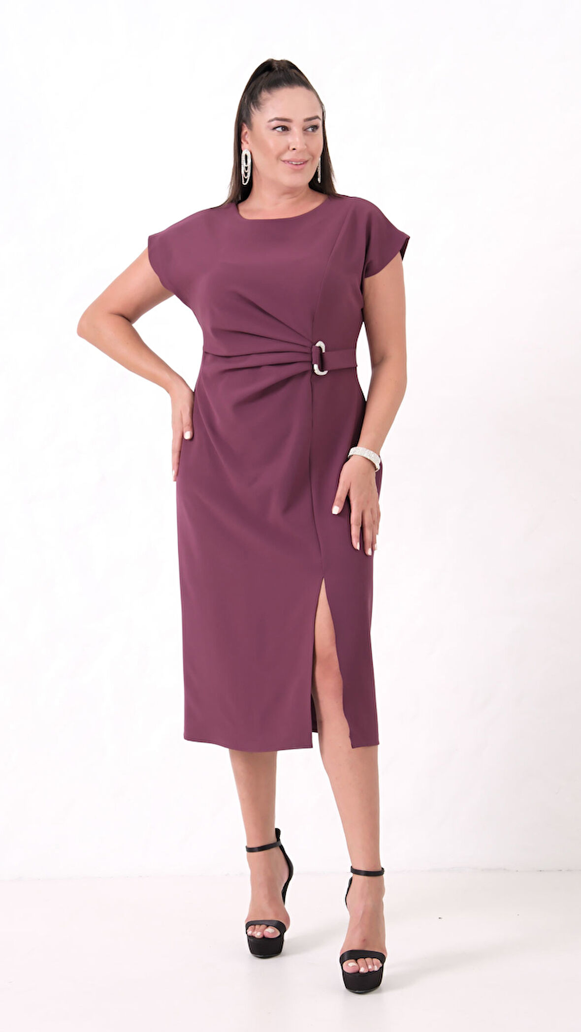 Kadın Mürdüm Bisiklet Yaka Aksesuar Detay Midi Elbise