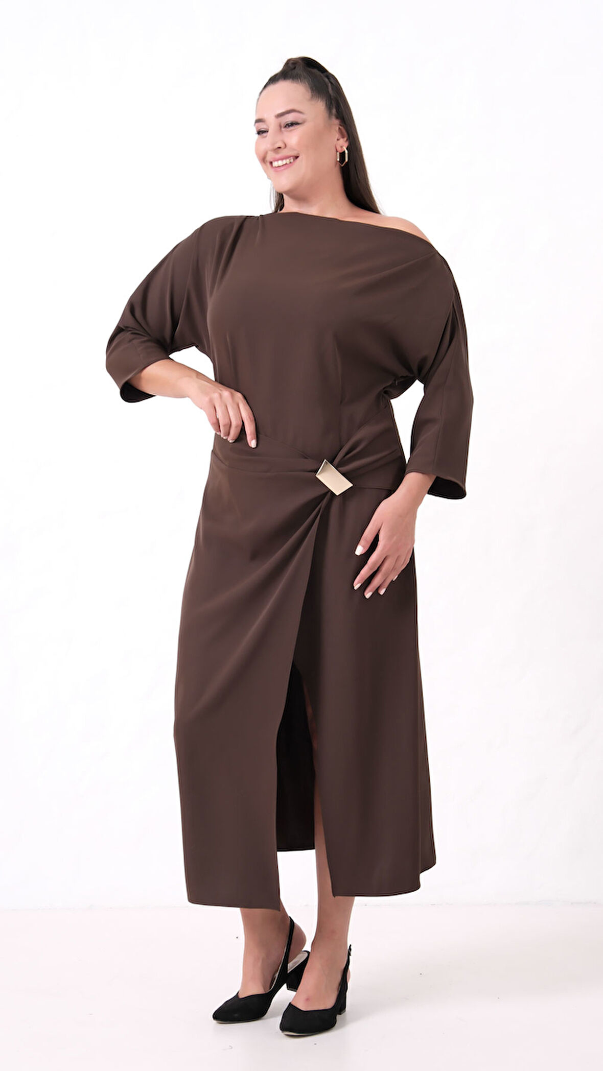 Kadın Kahverengi Aksesuar Detay Midi Davet Elbise