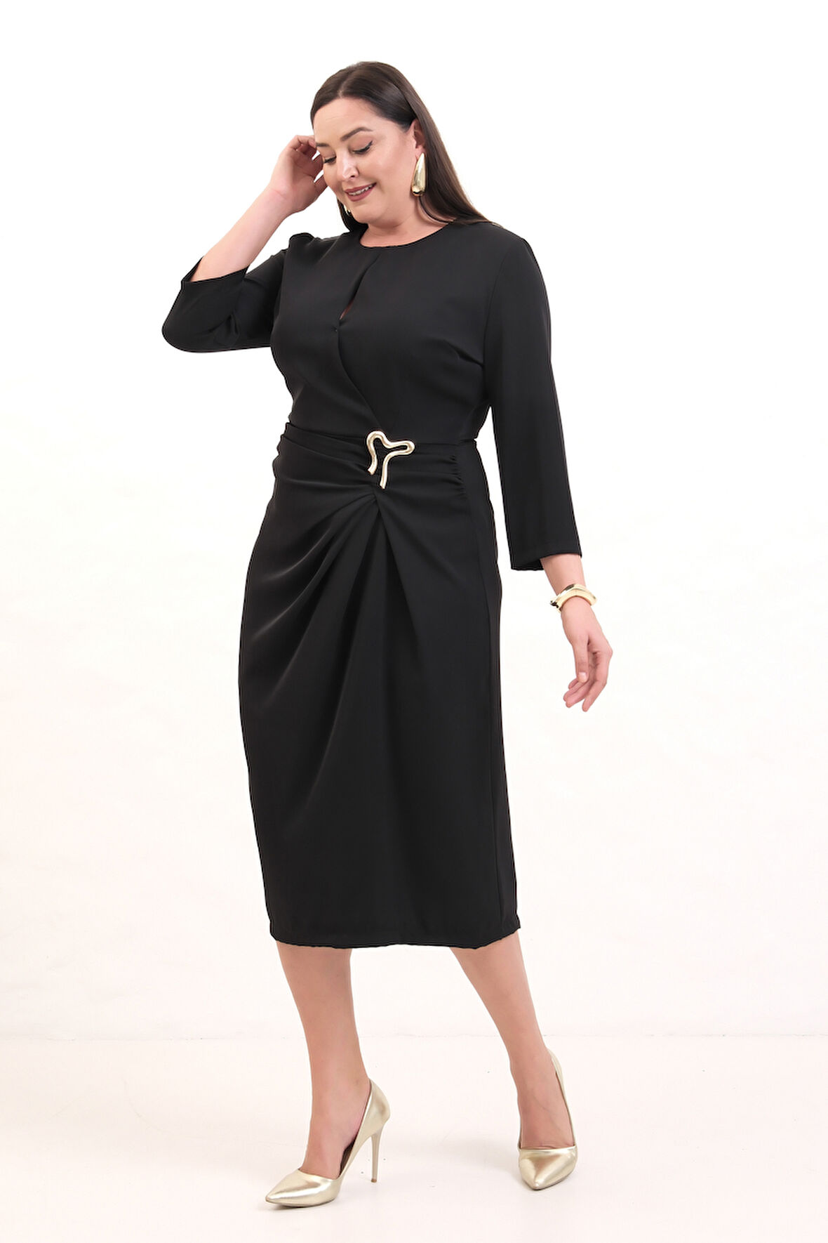 Kadın Siyah Aksesuar Detay Midi Elbise