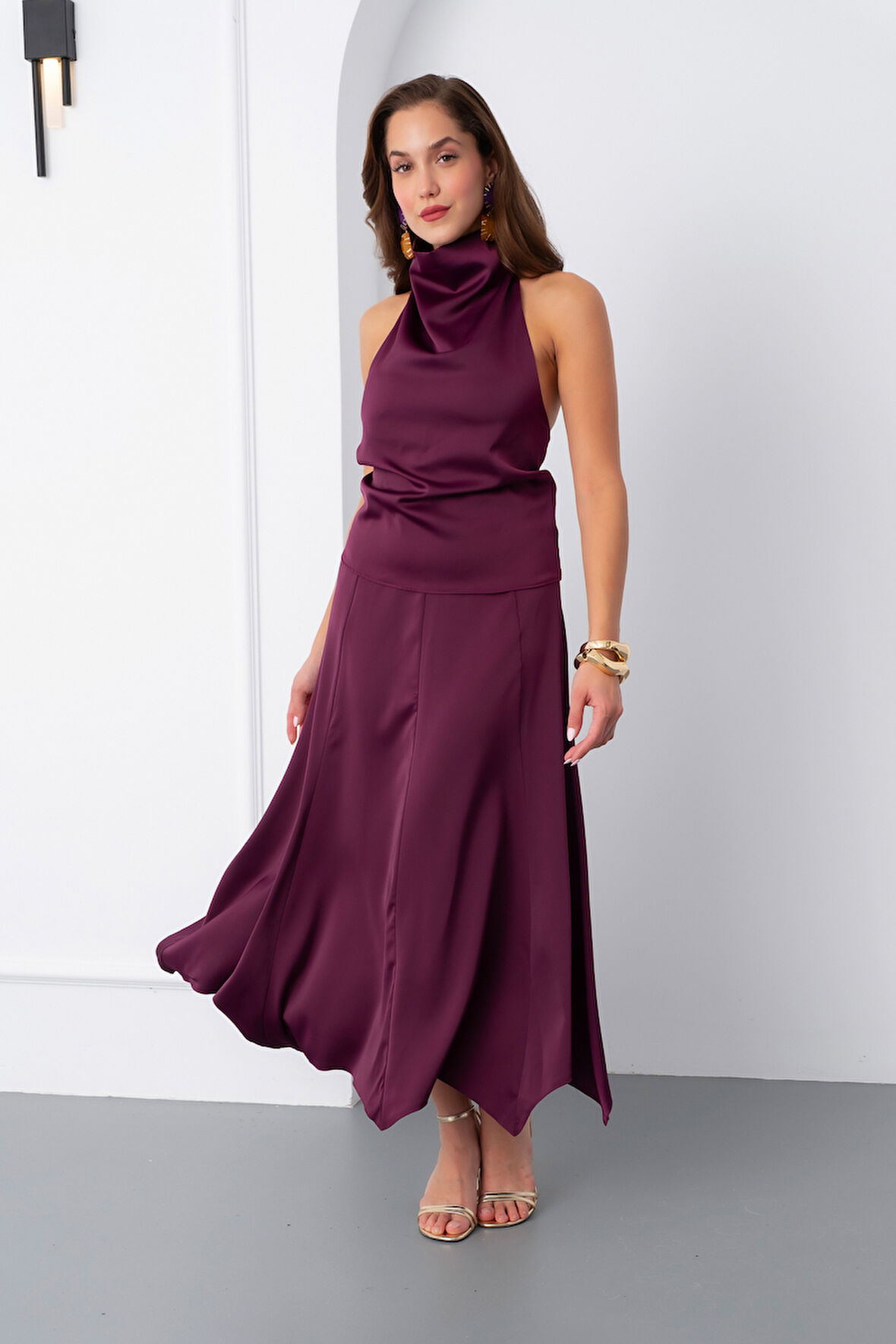 Kadın Mürdüm Degaje Yaka Saten Etek Bluz Takım