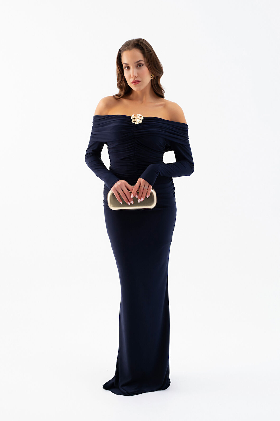 Kadın Lacivert Büzgü Detay Uzun Elbise