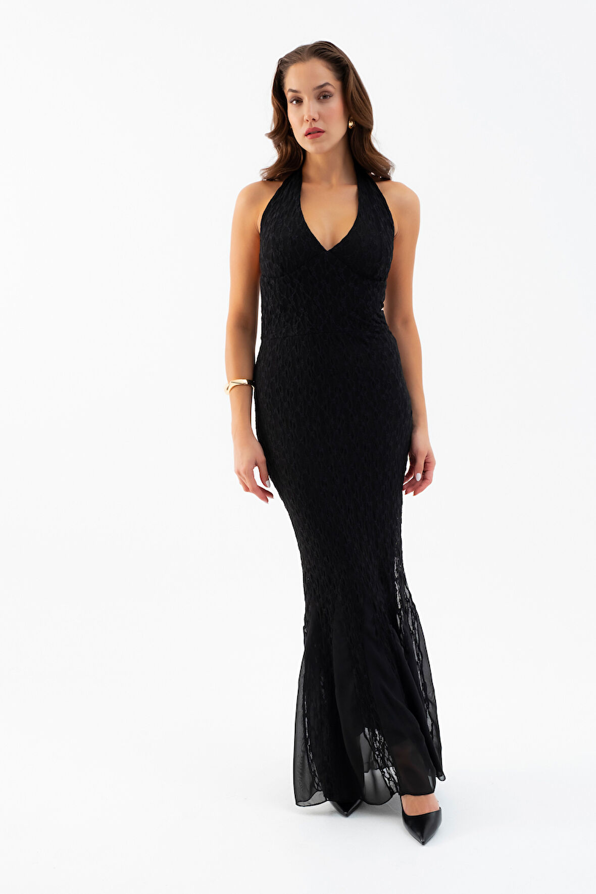Kadın Siyah Halter Yaka Uzun Dantel Elbise