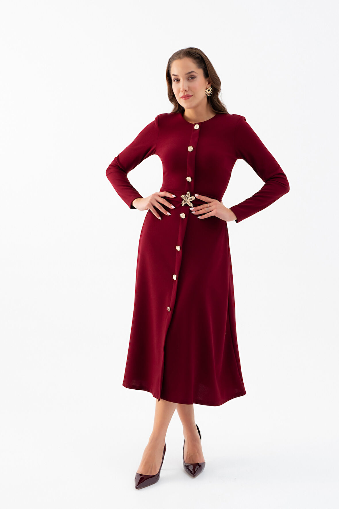 Kadın Bordo Uzun Kol Gold Düğmeli Midi Elbise