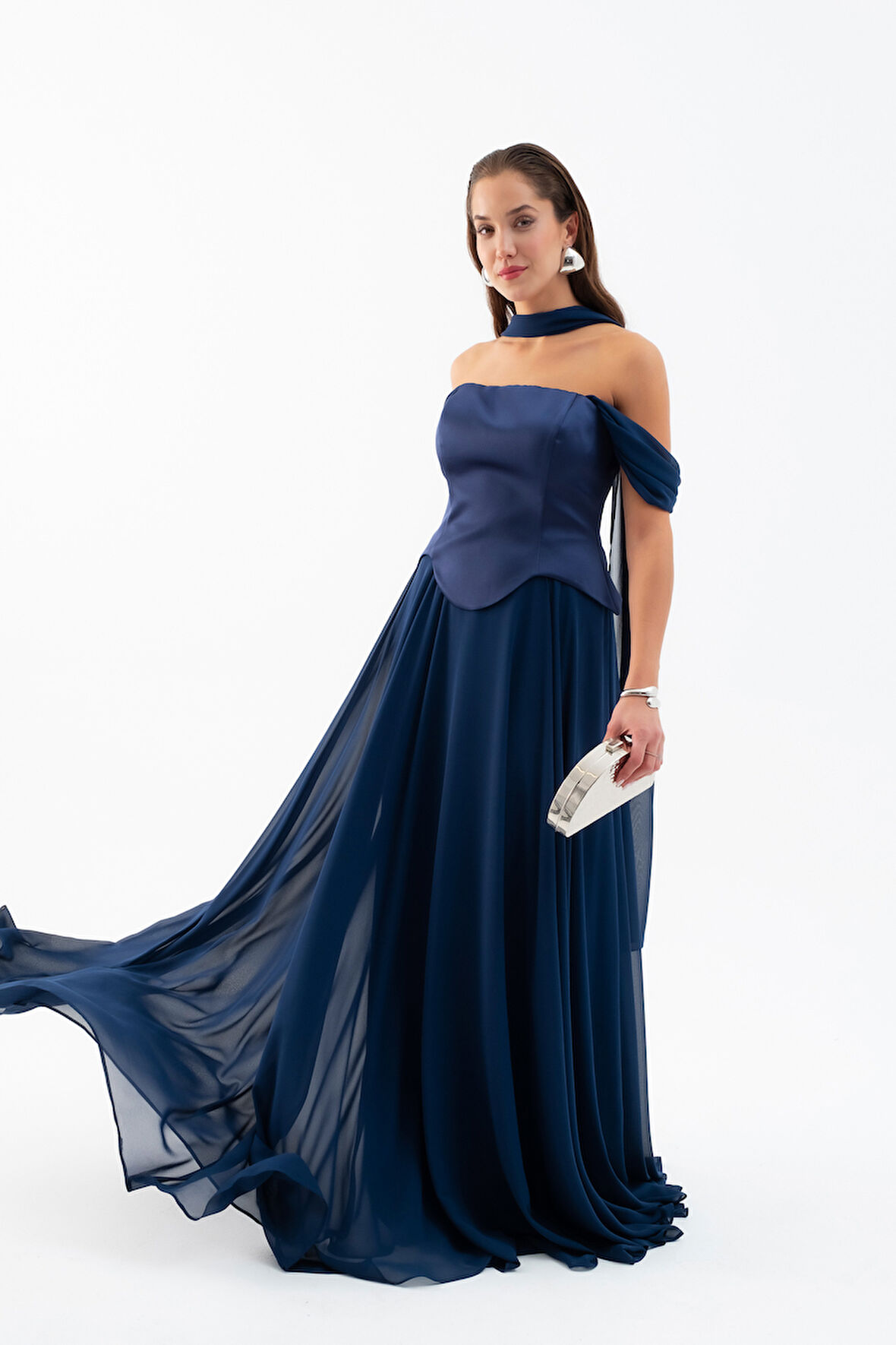 Kadın Lacivert Şal Yaka Straplez Söz Nişan Abiye Elbise