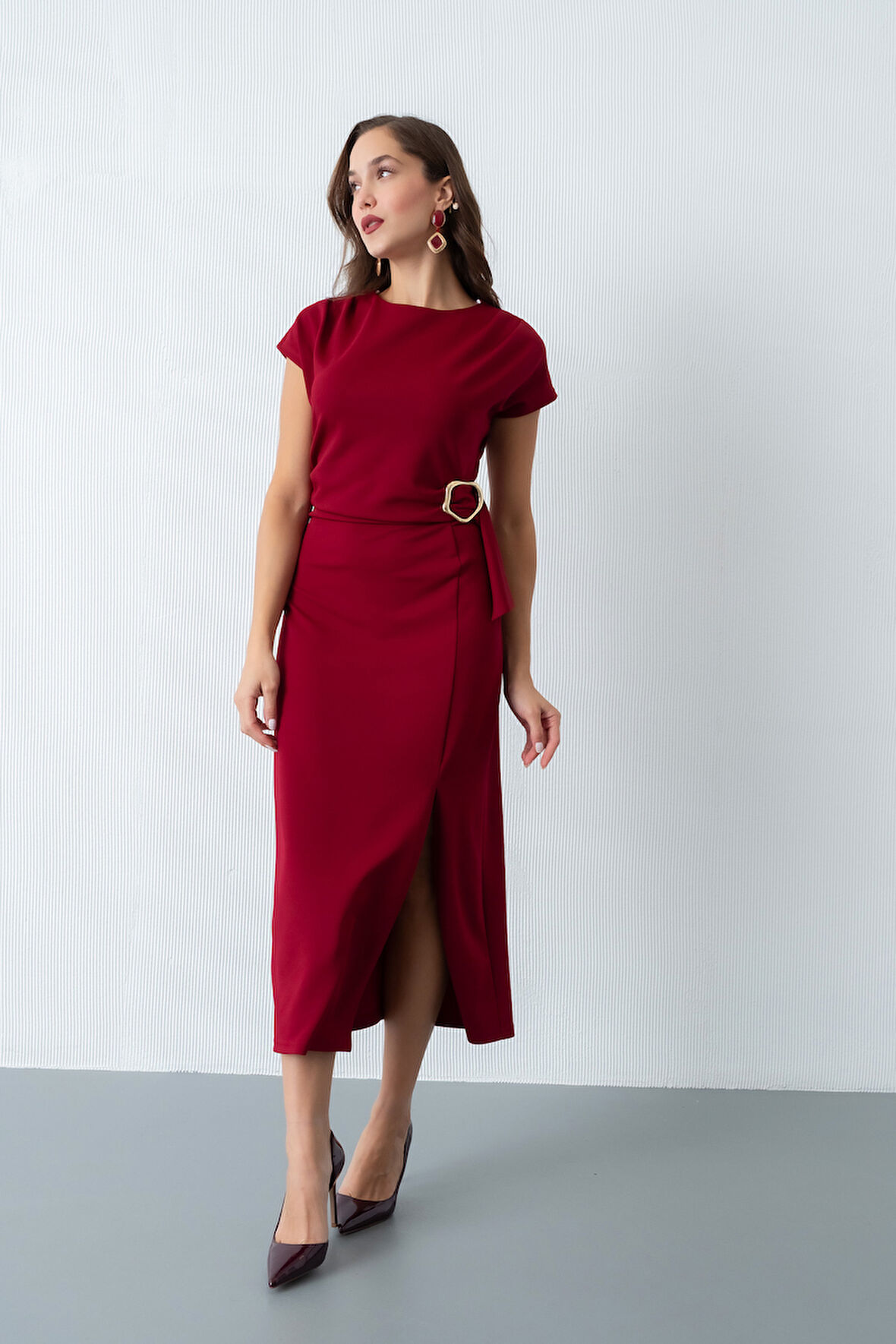 Kadın Bordo Toka Detay Midi Davet Elbisesi