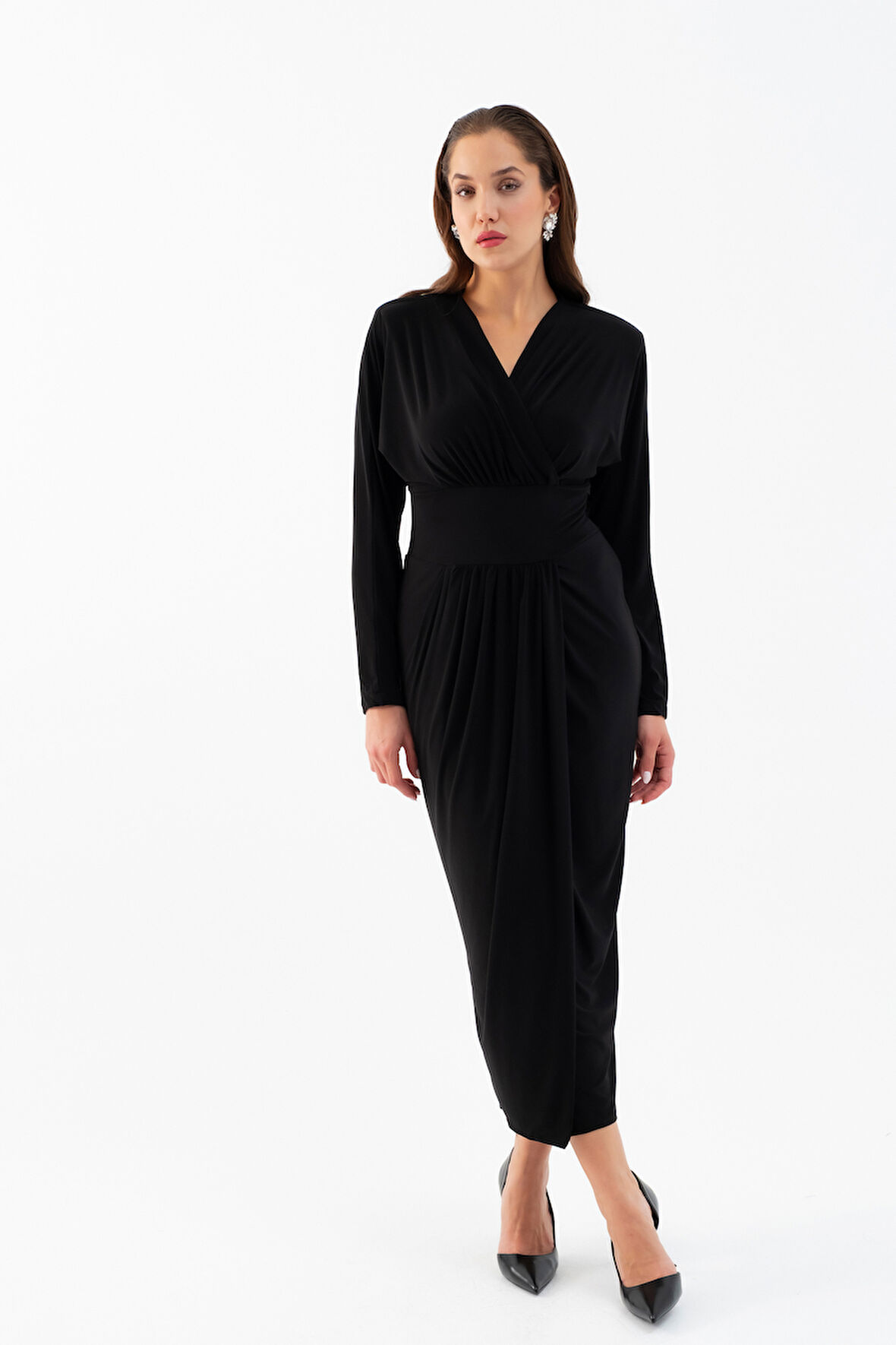 Kadın Siyah V Yaka Midi Elbise