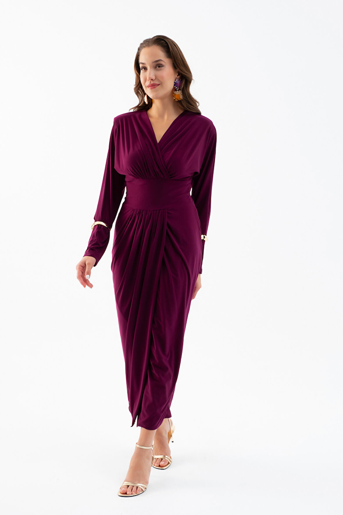 Kadın Mürdüm V Yaka Midi Elbise