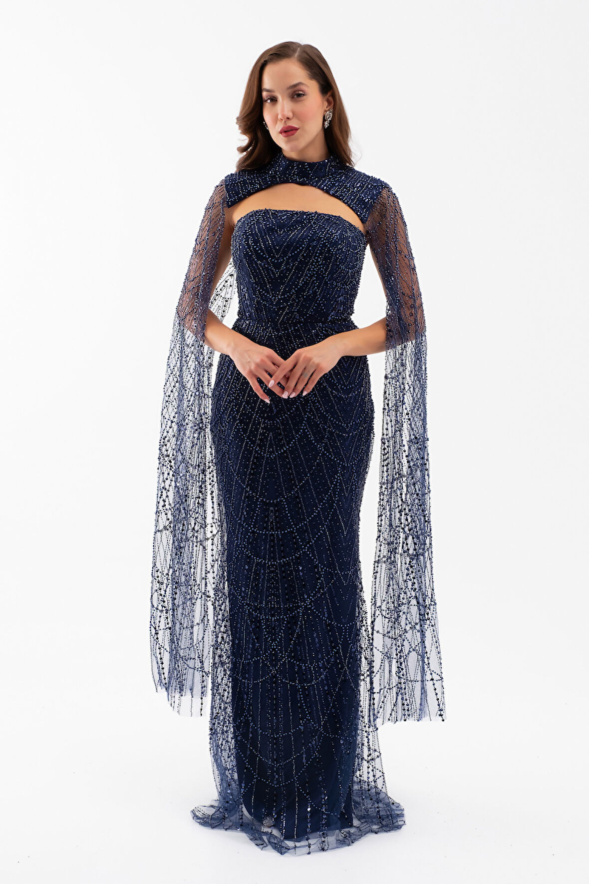 Kadın Lacivert Şallı Uzun Kol Dik Yaka Boncuklu Abiye