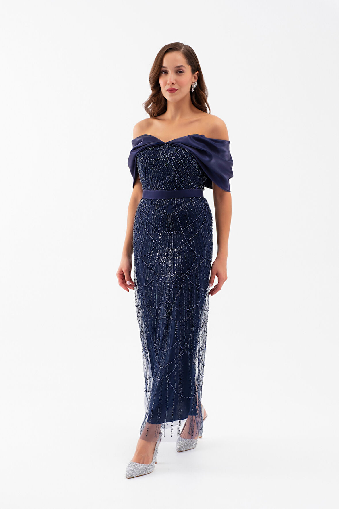 Kadın Lacivert Kayık Yaka Midi Boncuklu Abiye Elbise