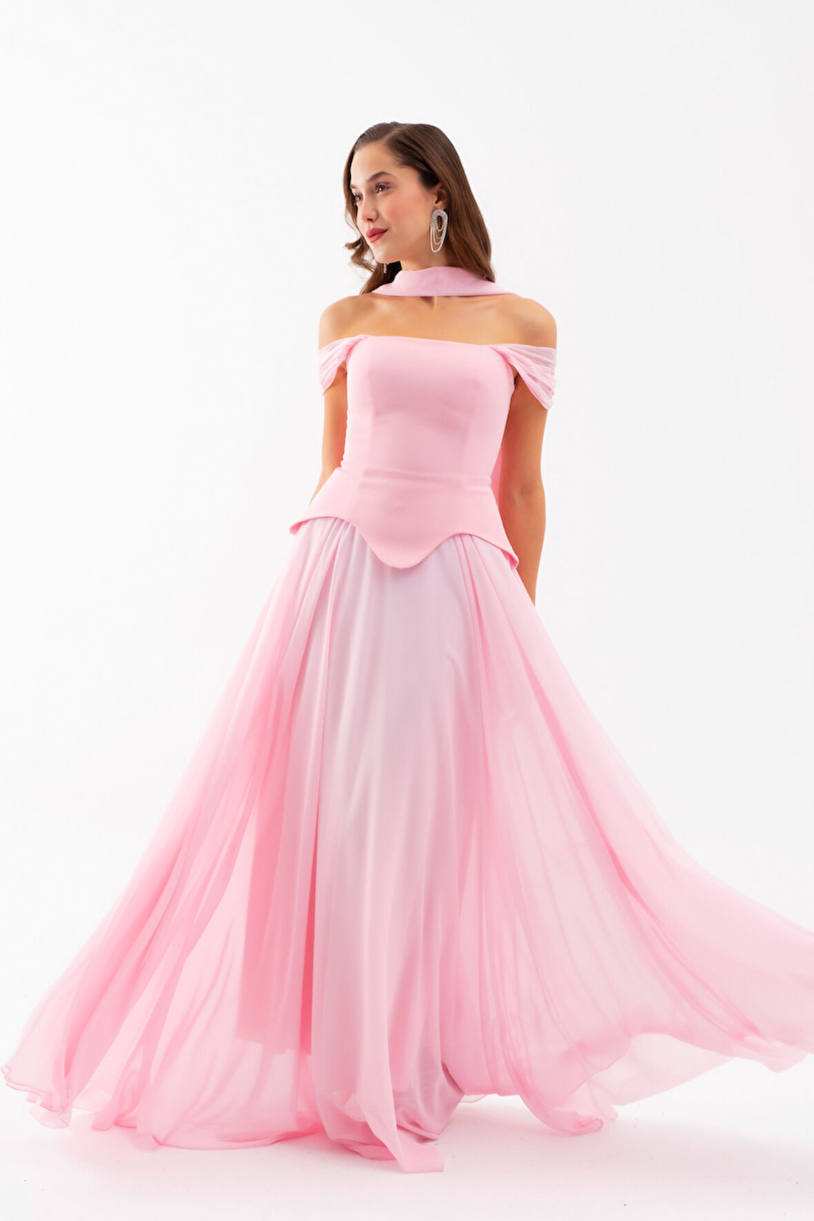 Kadın Pudra Şal Yaka Straplez Söz Nişan Abiye Elbise