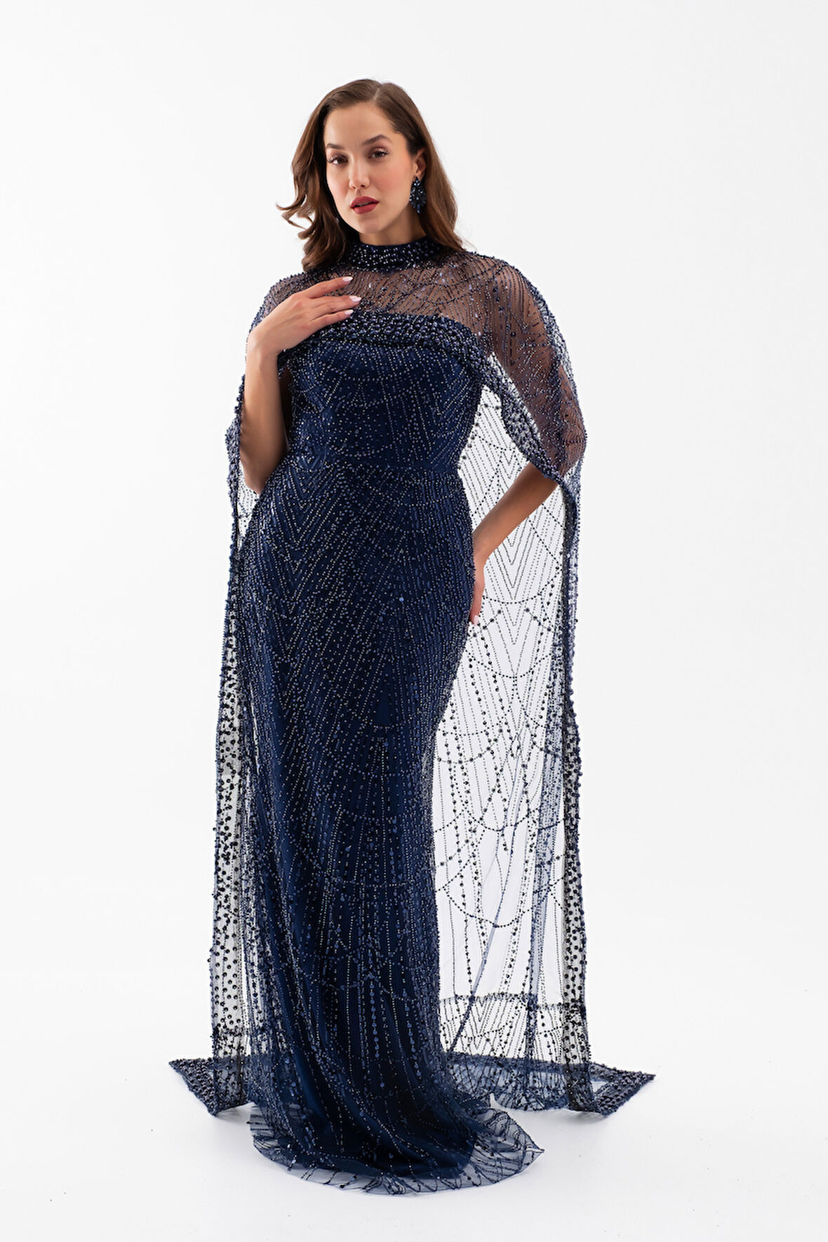 Kadın Lacivert Straplez Uzun Şal Detay Boncuklu Söz Nişan Abiye