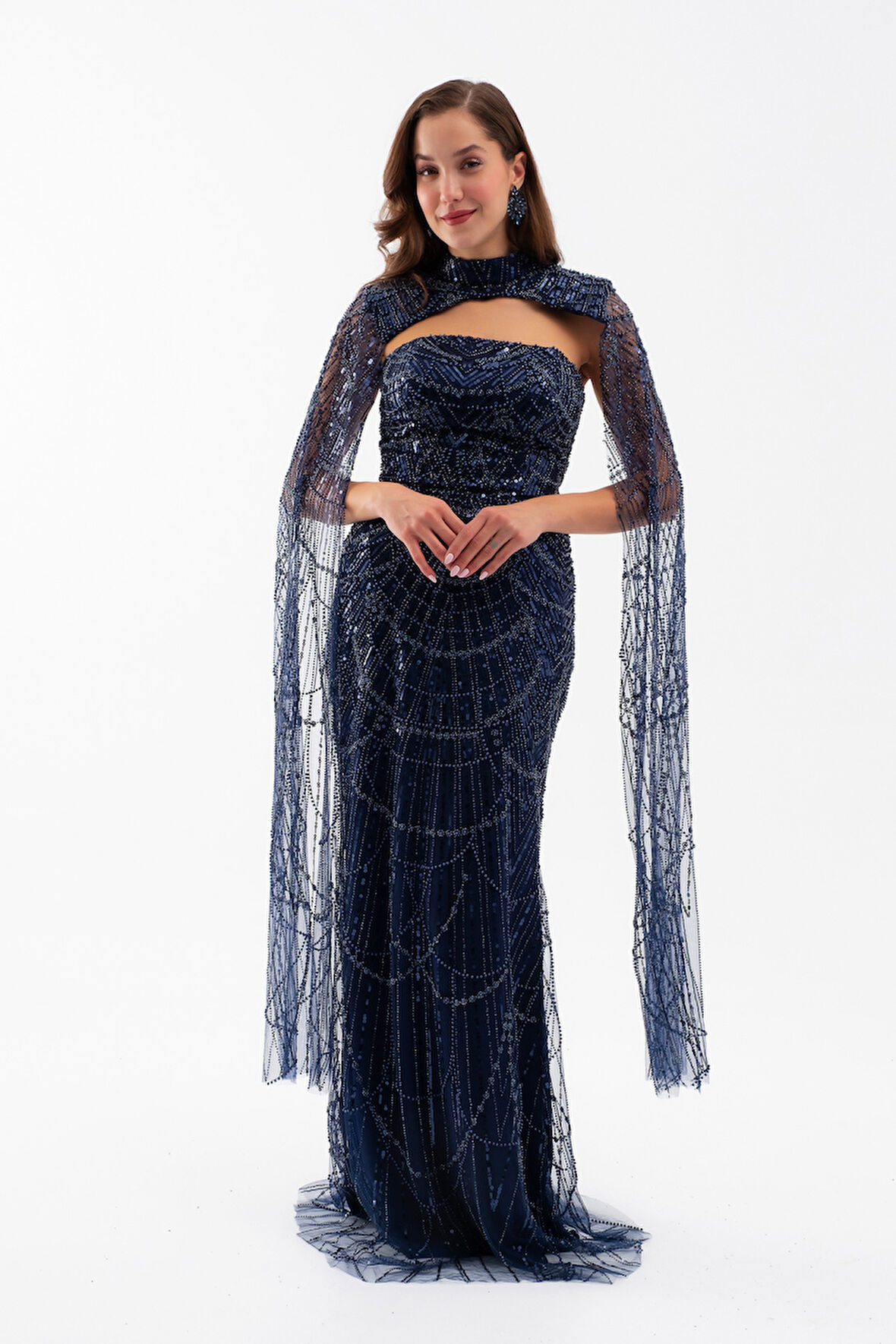 Kadın Lacivert Şallı Uzun Kol Dik Yaka Boncuklu Abiye