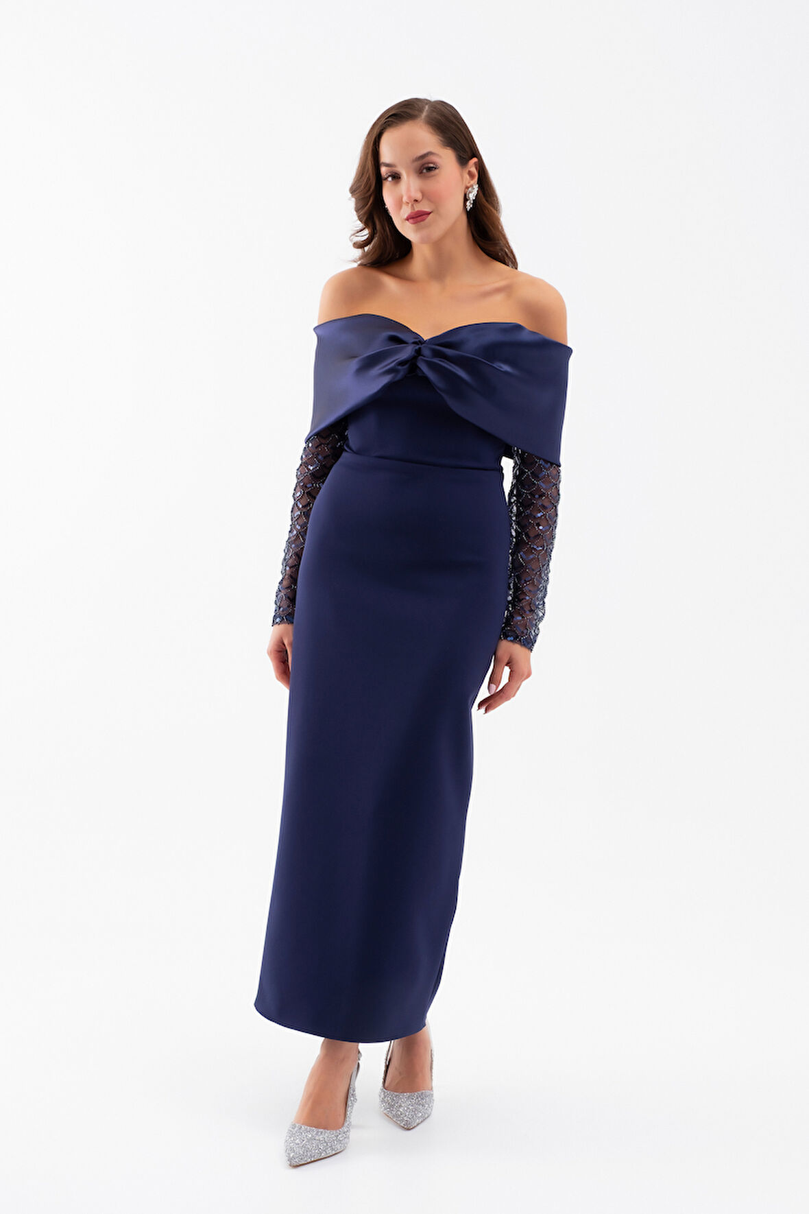 Kadın Lacivert Kol Detaylı Fiyonklu Söz Nişan Nikah Abiye Elbise