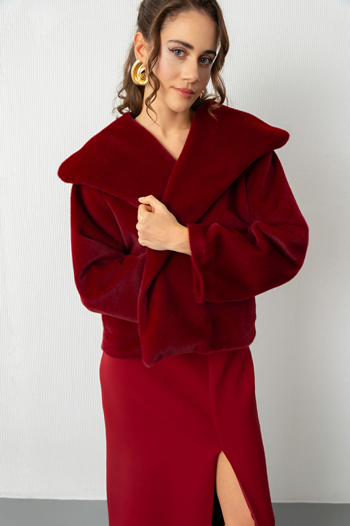 Kadın Bordo Kürk Görünümlü Abiye Ceket