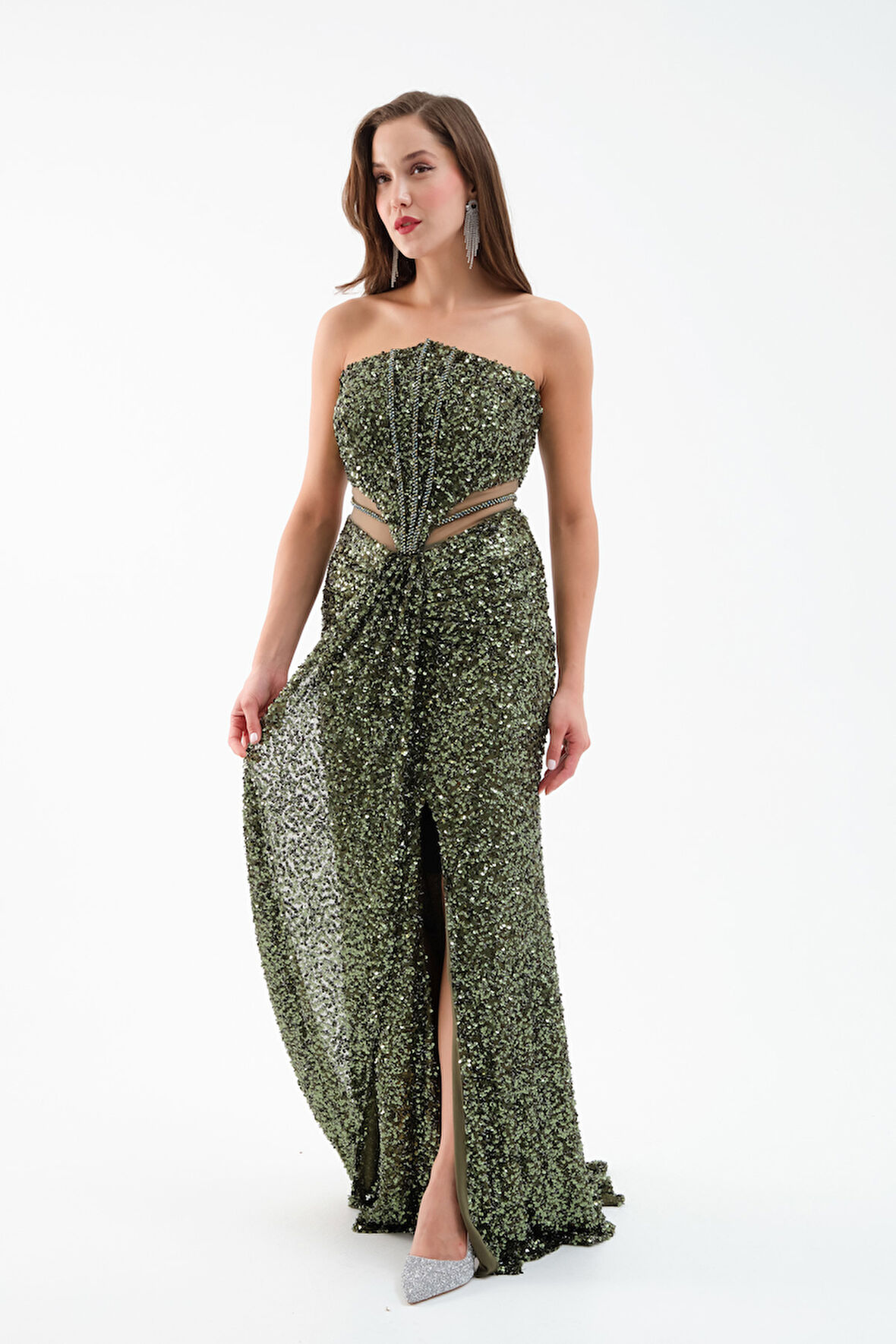 Kadın Haki Straplez Yırtmaçlı Uzun Abiye Elbise