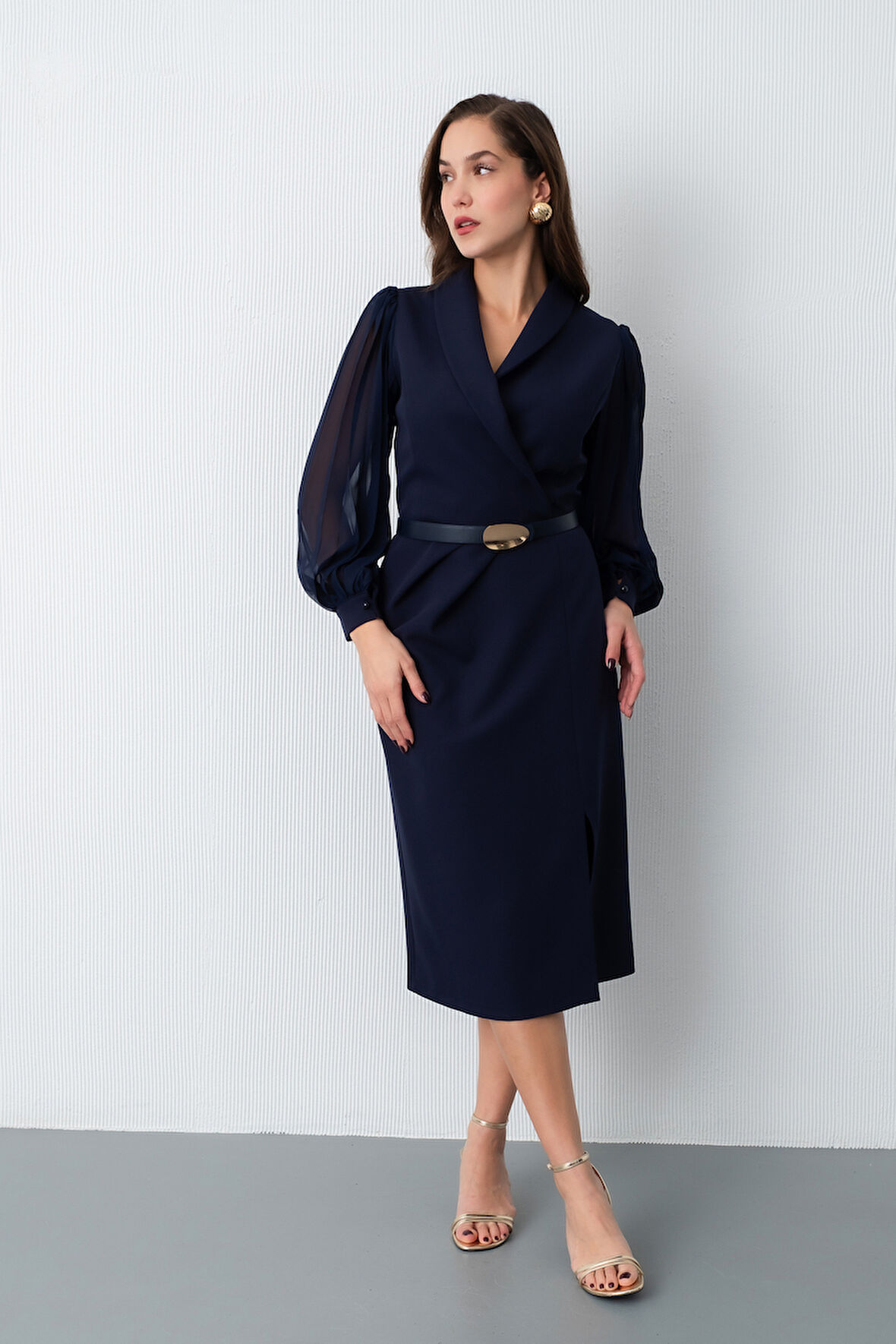 Kadın Lacivert Kemerli Midi Abiye Elbise