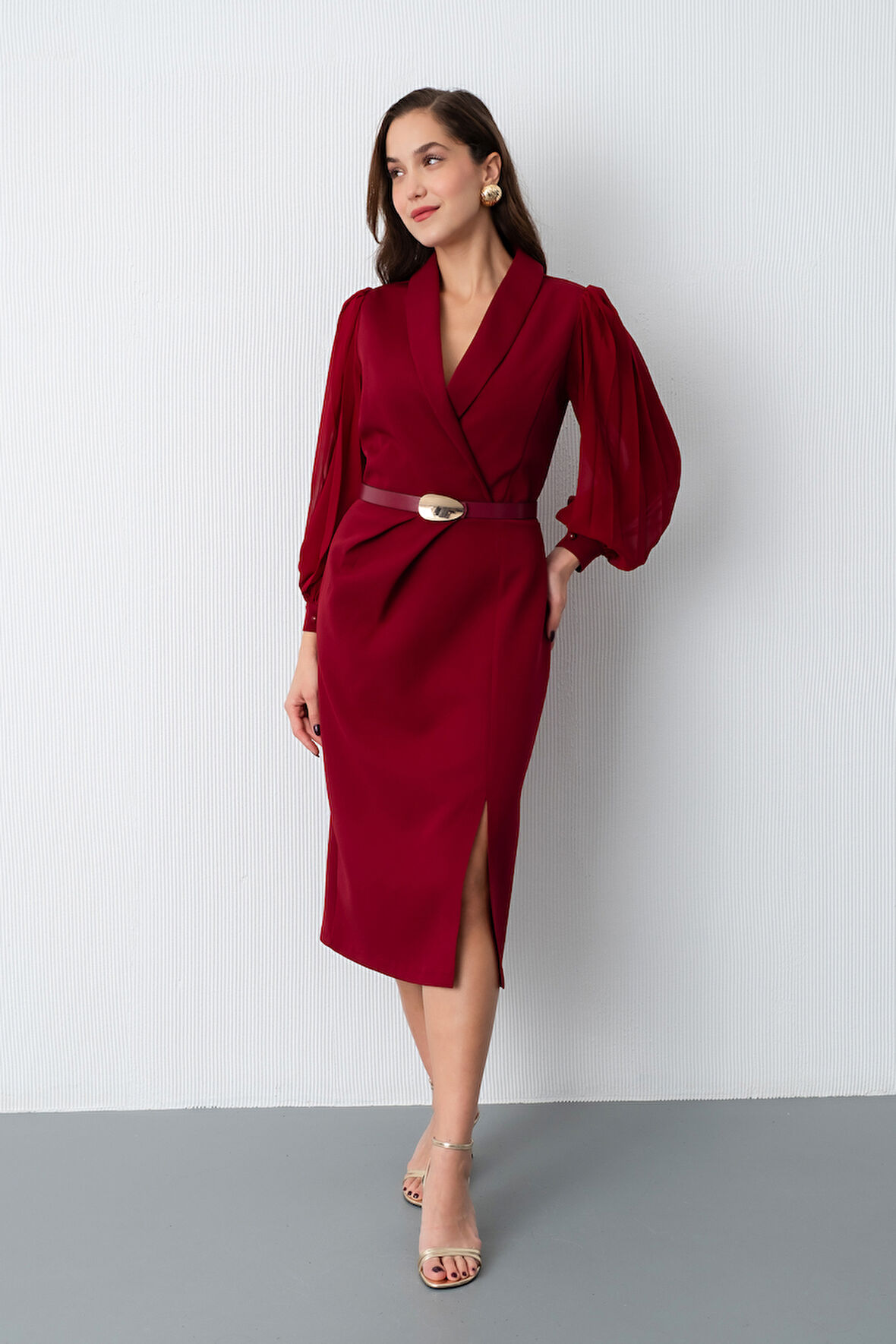 Kadın Bordo Kemerli Midi Abiye Elbise