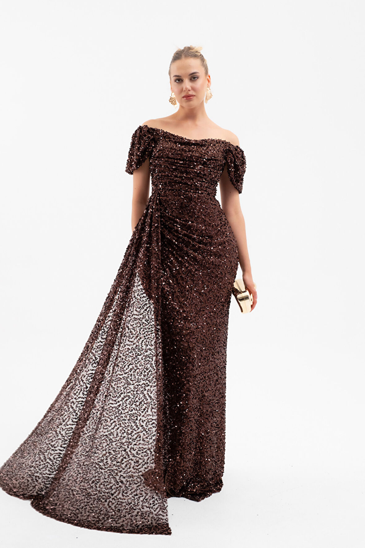 Kadın Kahverengi Pul Payet İşlemeli Uzun Abiye Elbise