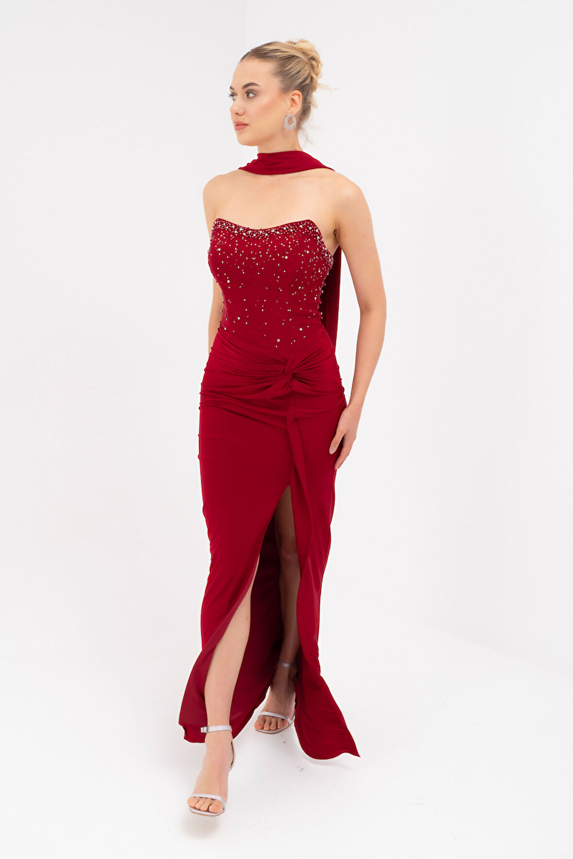 Kadın Bordo Şal Yaka Taşlı Düğüm Detay Uzun Abiye Elbise