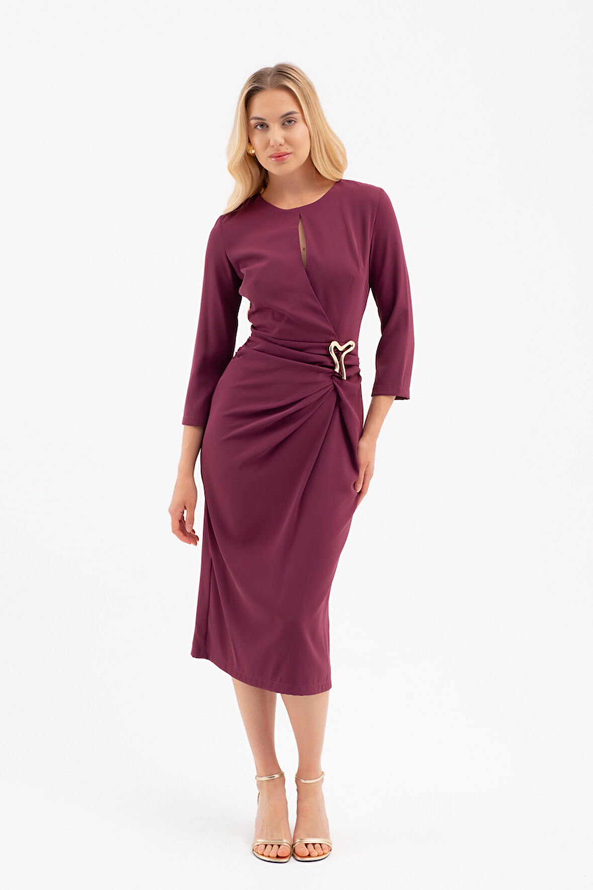 Kadın Mürdüm Aksesuar Detay Midi Elbise