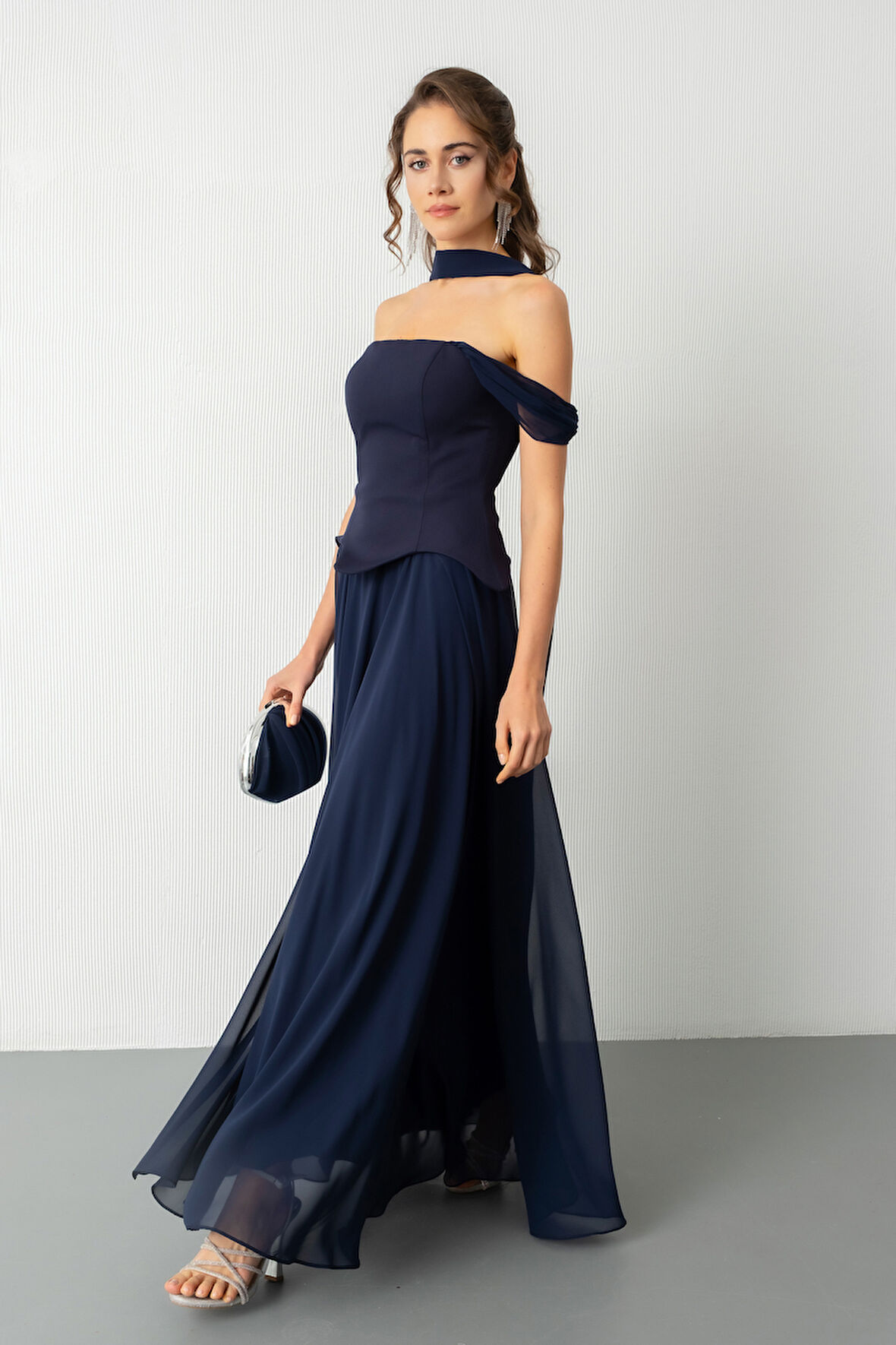 Kadın Lacivert Şal Yaka Straplez Söz Nişan Abiye Elbise