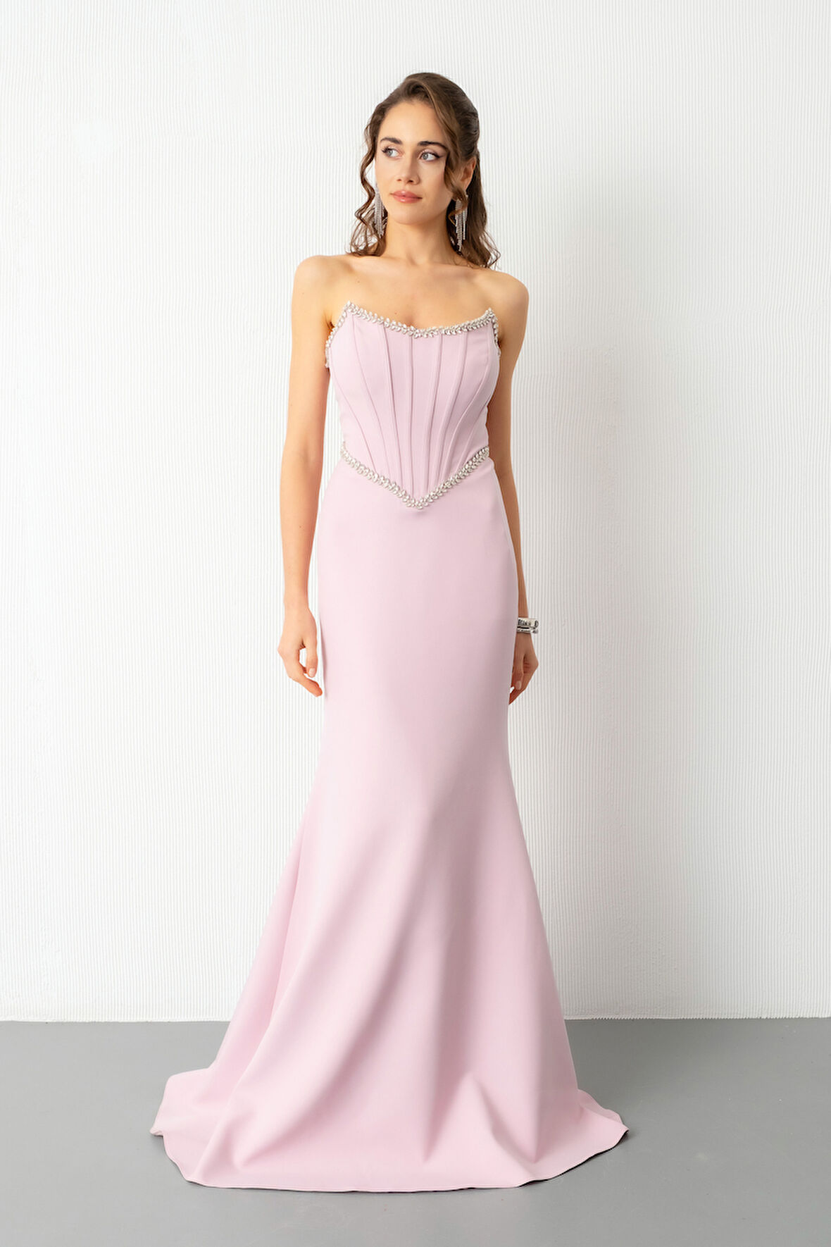 Kadın Pudra Straplez Taşlı Peplum Kesim Söz Nişan Nikah Abiye Elbise