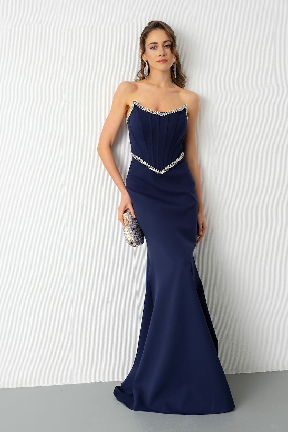 Kadın Lacivert Straplez Taşlı Peplum Kesim Söz Nişan Nikah Abiye Elbise