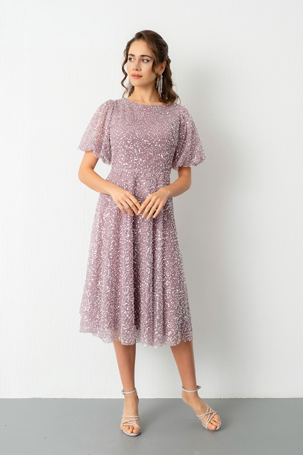 Kadın Pudra Balon Kol Pul Payet Midi Abiye Elbise