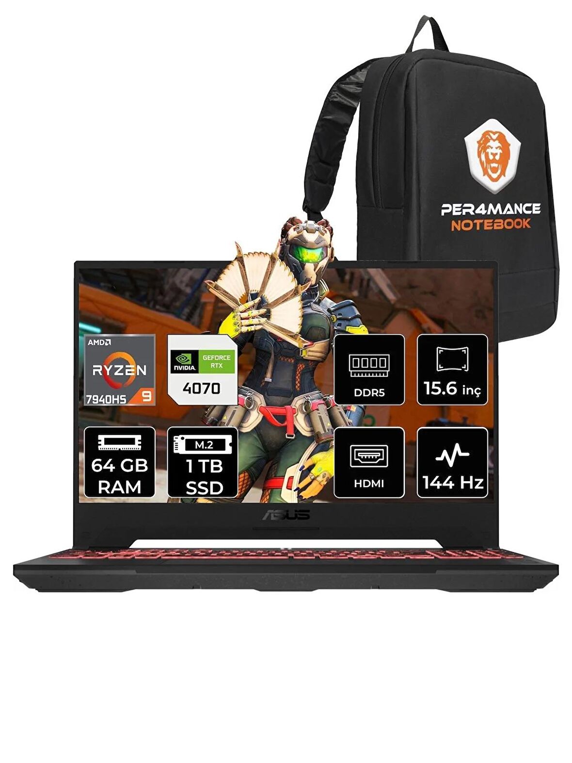Asus TUF Gaming A15 R9 7940HS 64GB 1TB SSD RTX4070/8GB 144HZ 15.6" FHD FDOS LP042 & PER4 ÇANTA