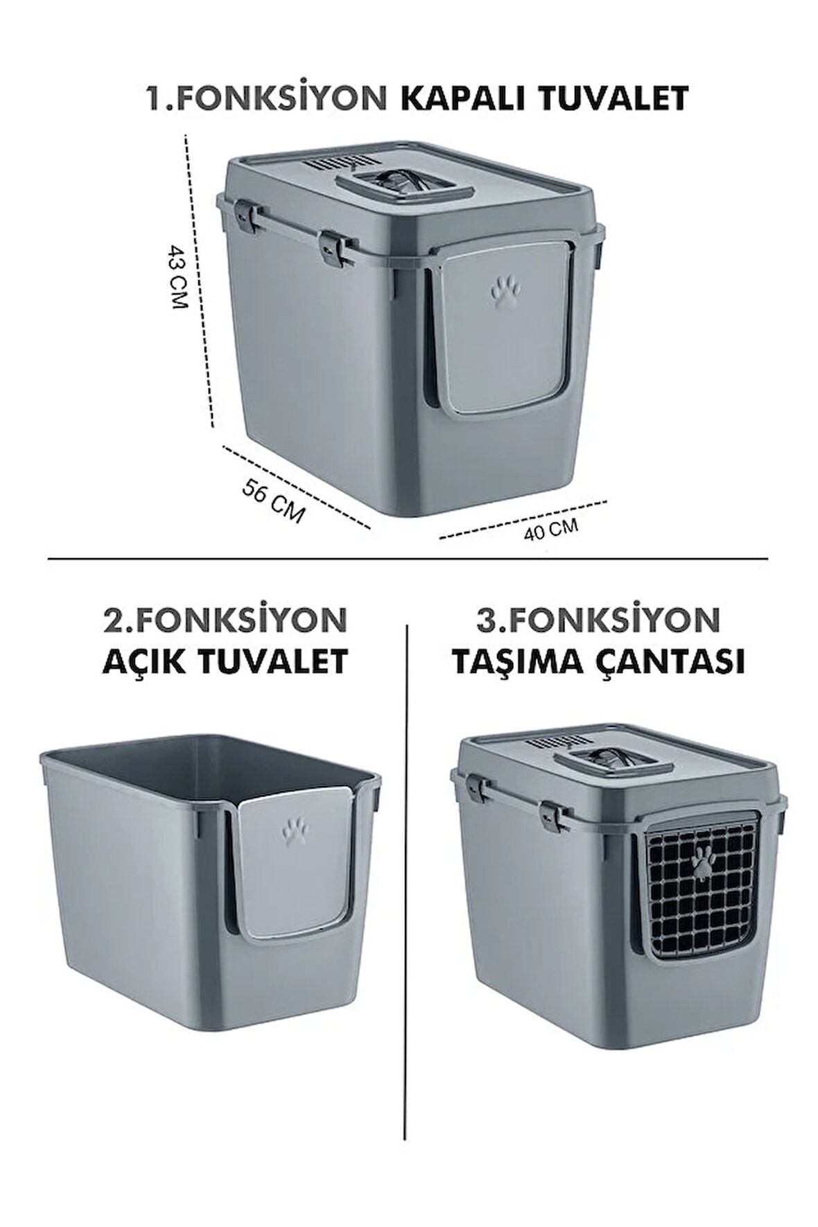 XL 3 Fonksiyonlu Premium Kapalı Kedi Tuvaleti ve Taşıma Çantası 56 x 40 x 43 Cm